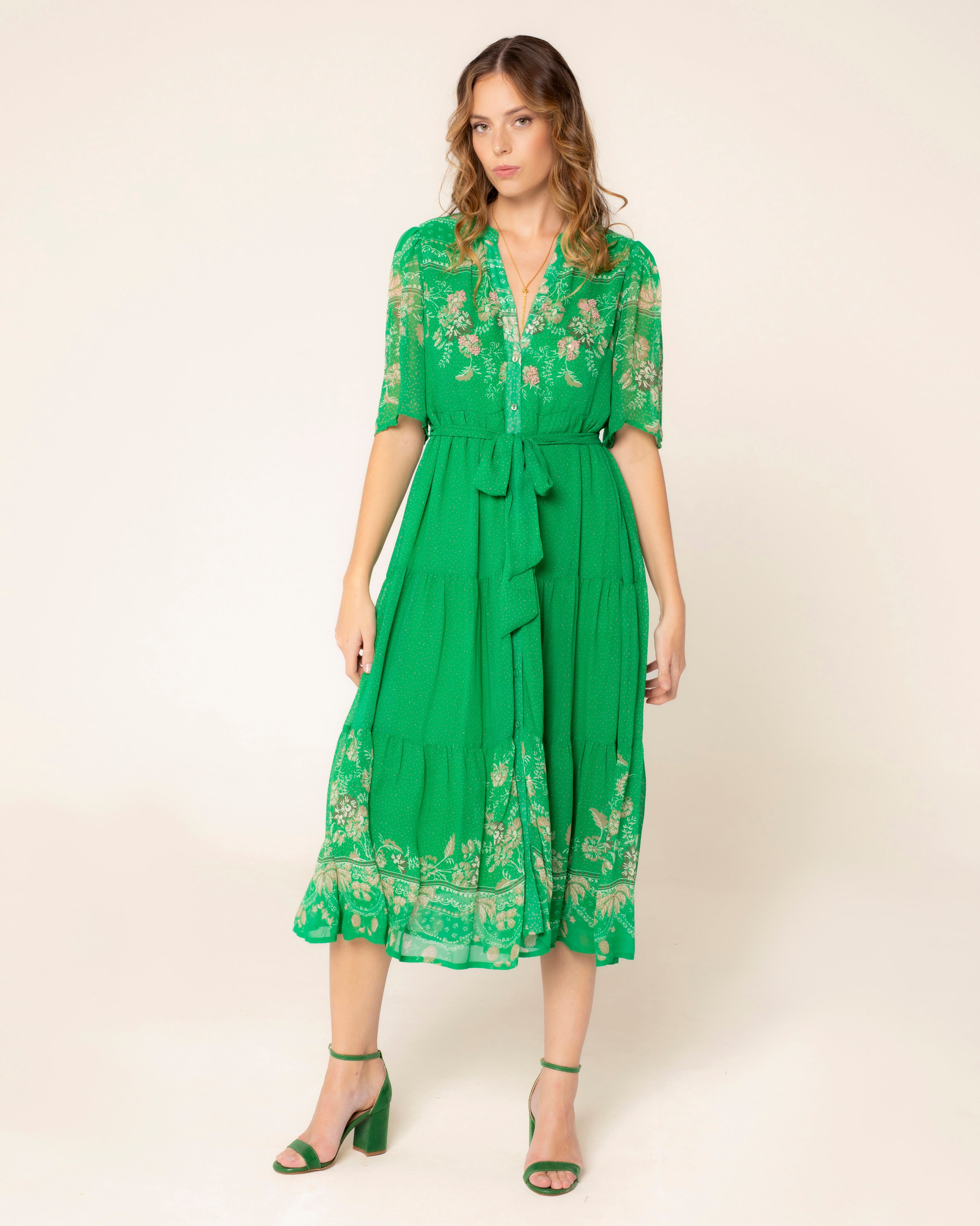 Vestido Tipo Camisa com Manga Abalonada e Cinto Laçada Verde-2