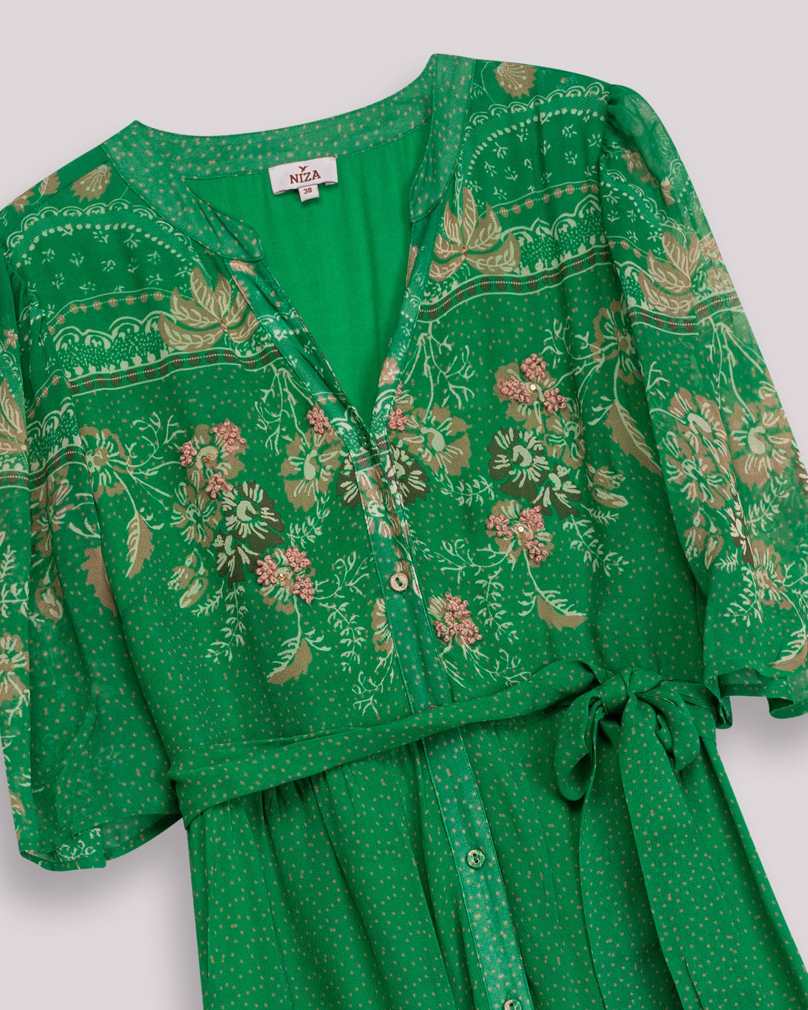 Vestido Tipo Camisa com Manga Abalonada e Cinto Laçada Verde-6