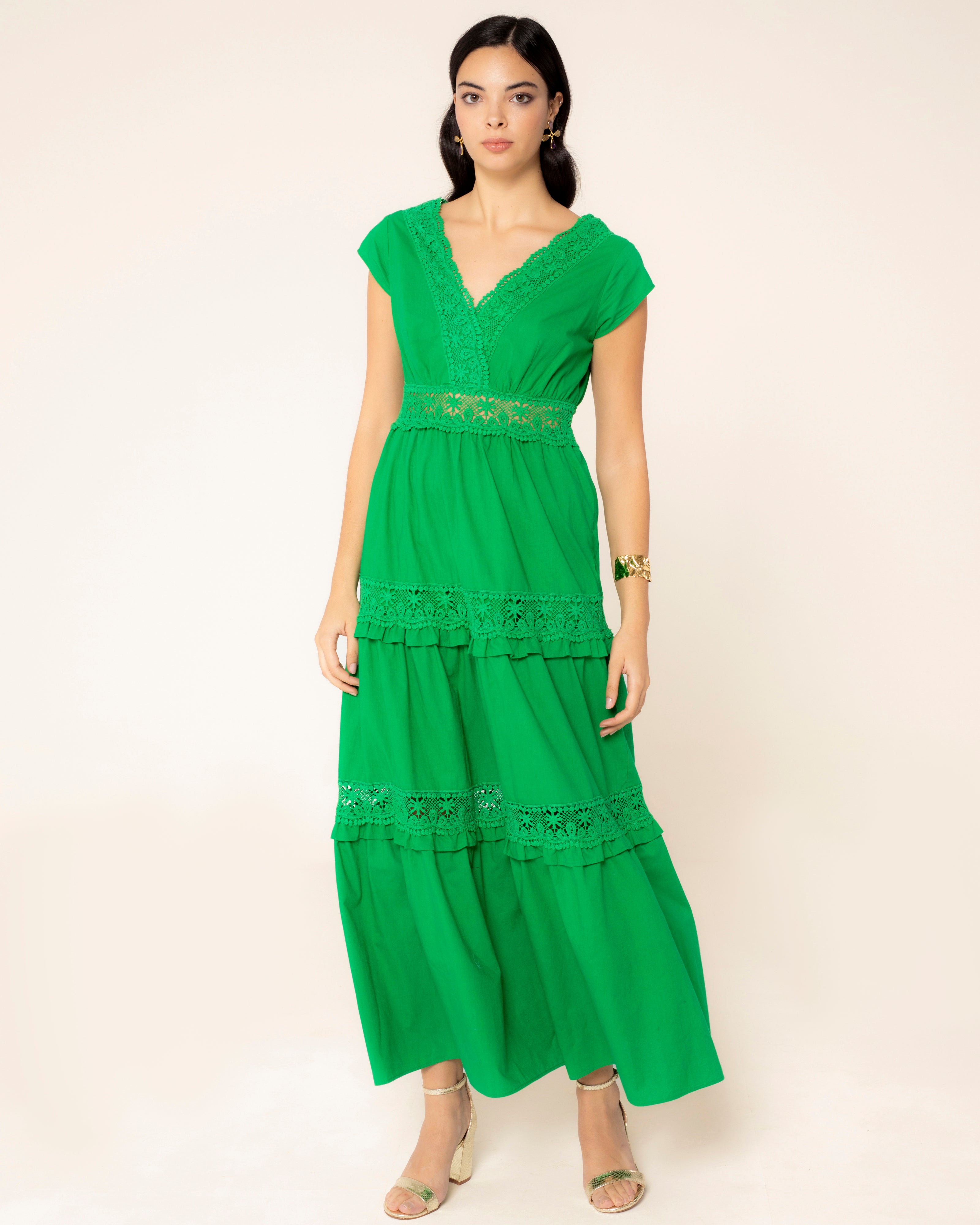 Vestido Comprido com Detalhes de Renda Elisa Verde-1