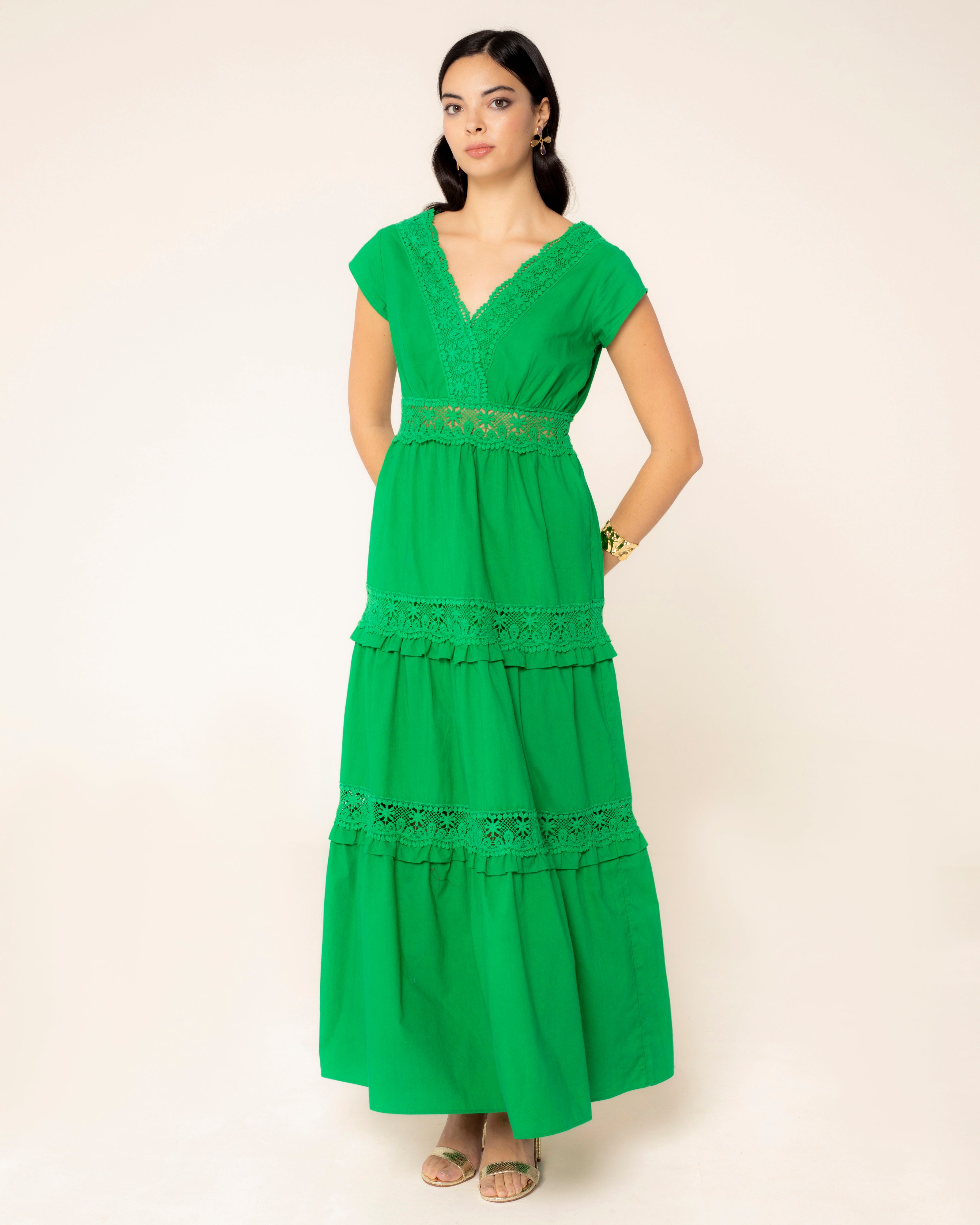Vestido Comprido com Detalhes de Renda Elisa Verde-2