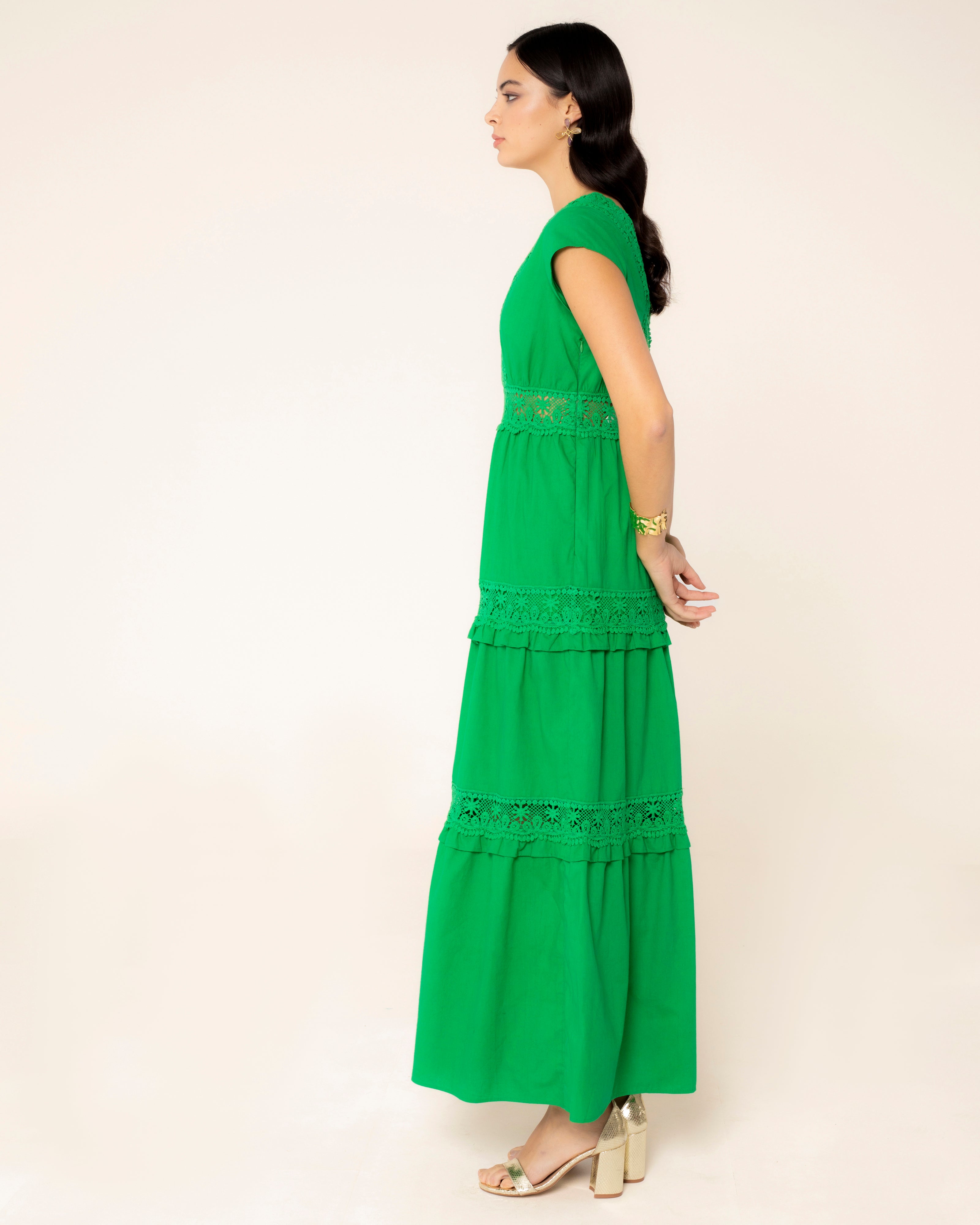 Vestido Comprido com Detalhes de Renda Elisa Verde-3