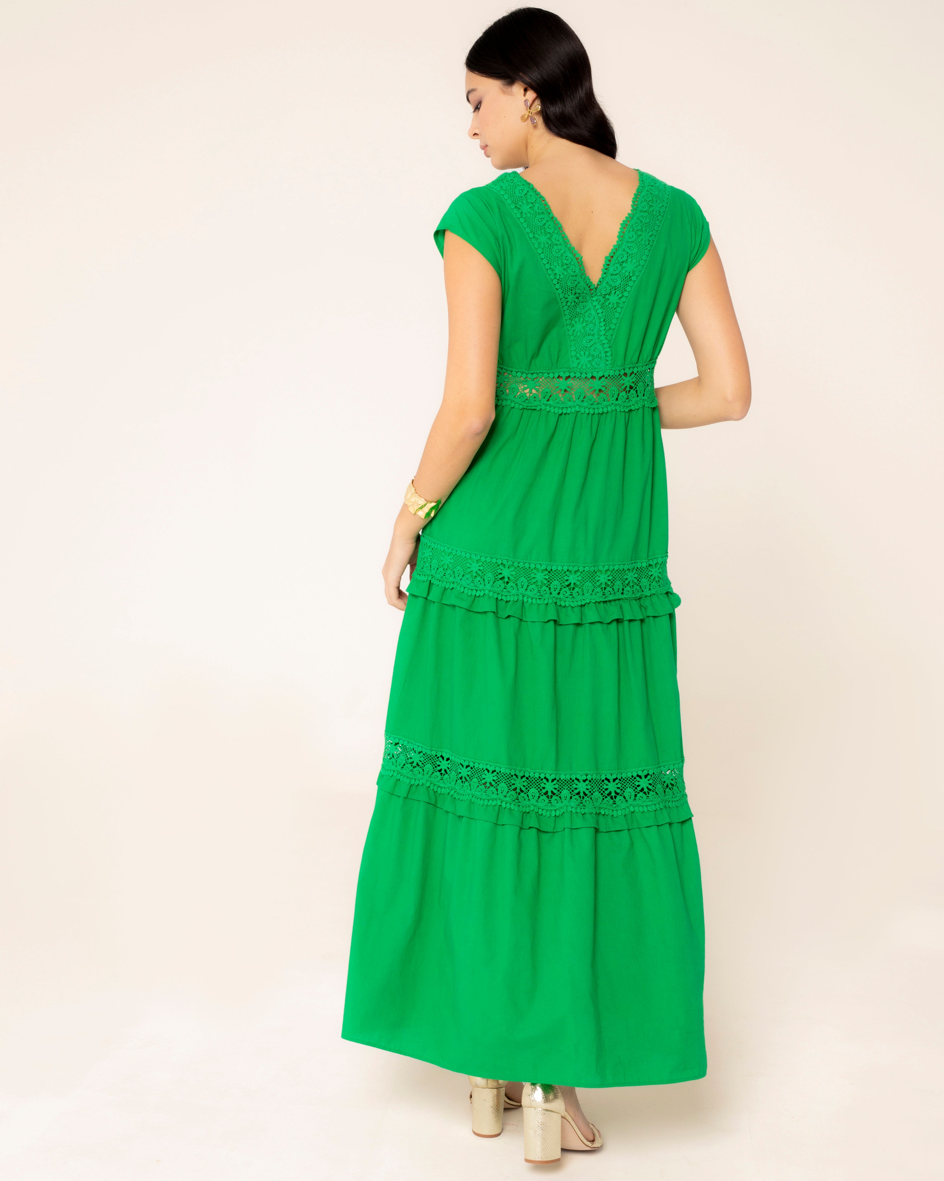 Vestido Comprido com Detalhes de Renda Elisa Verde-4