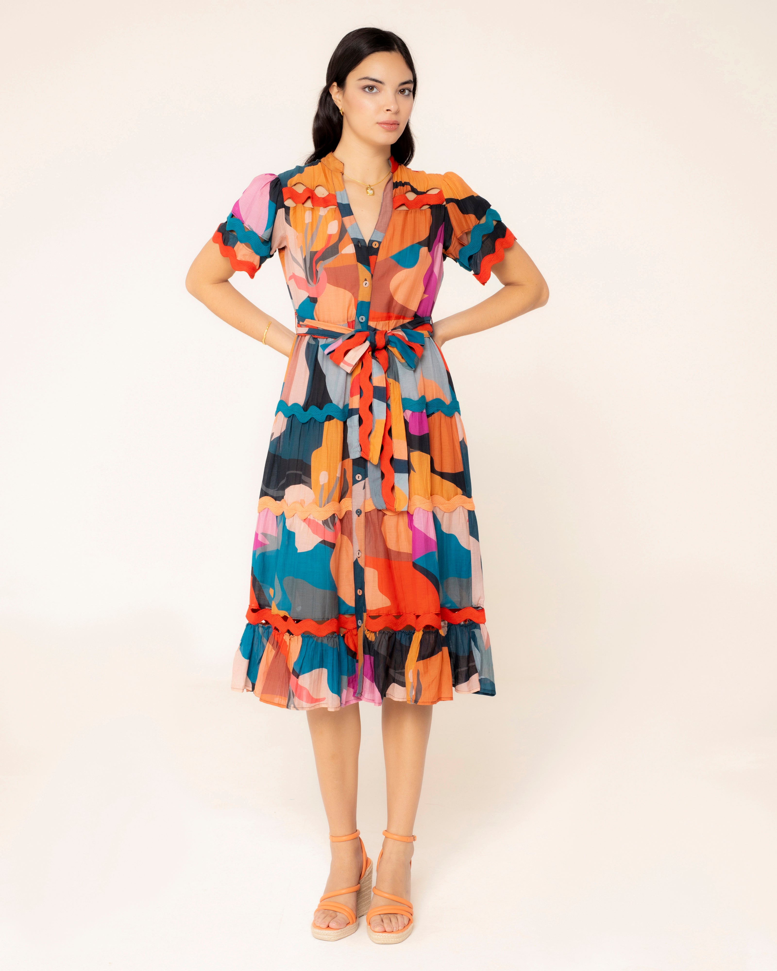 Vestido Midi com Estampado e Fecho Frontal com Botões Multicolor-1