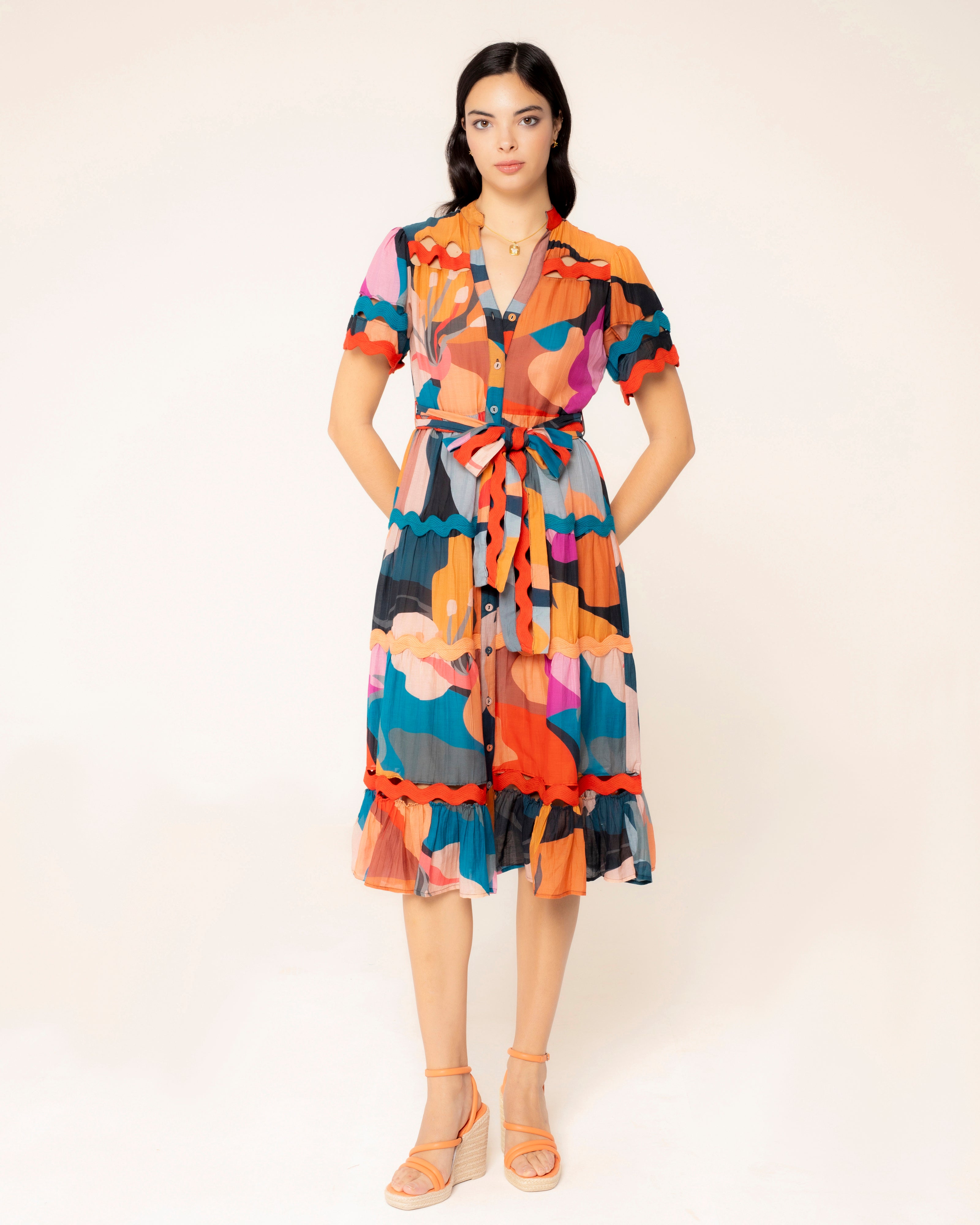 Vestido Midi com Estampado e Fecho Frontal com Botões Multicolor-2