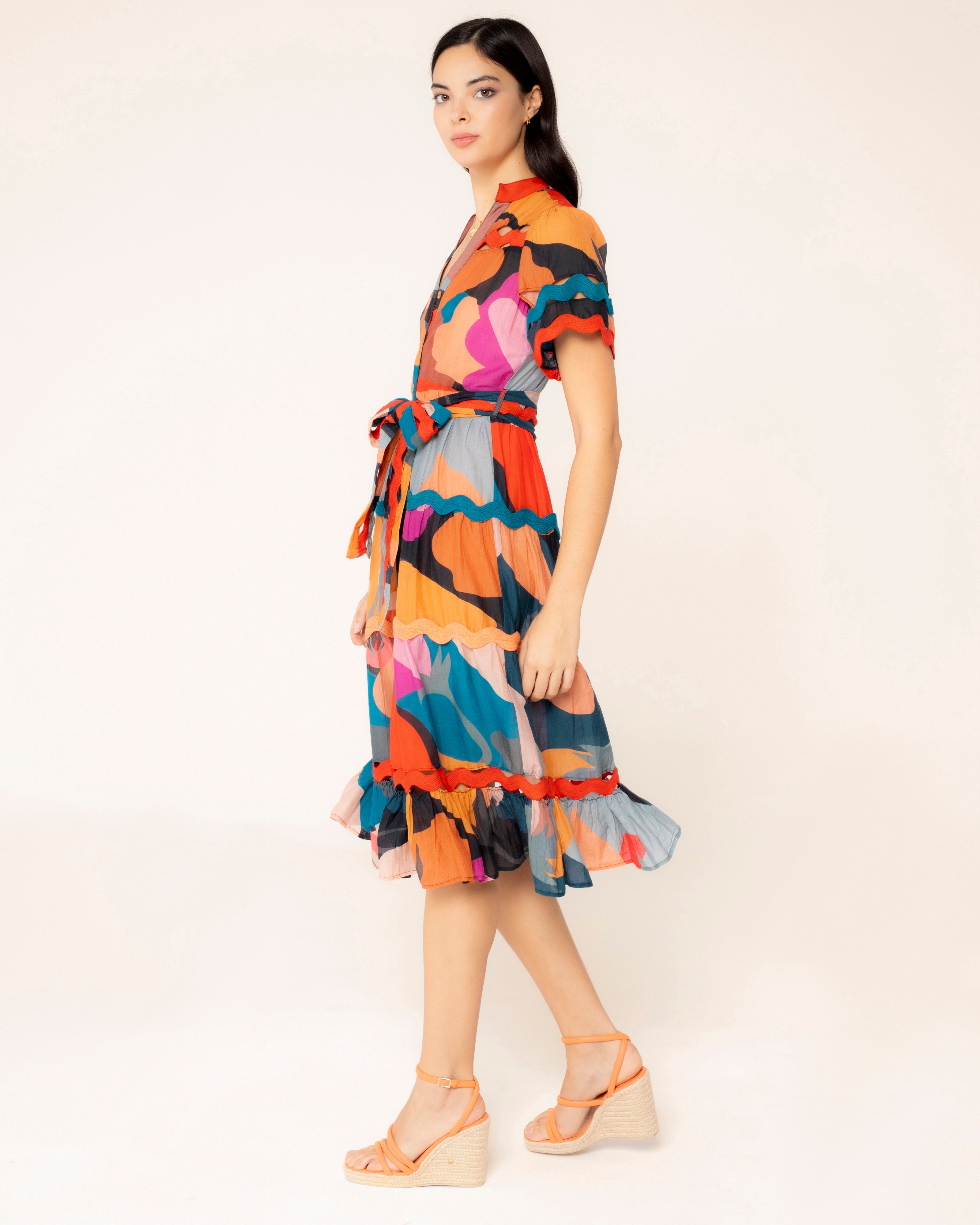 Vestido Midi com Estampado e Fecho Frontal com Botões Multicolor-3