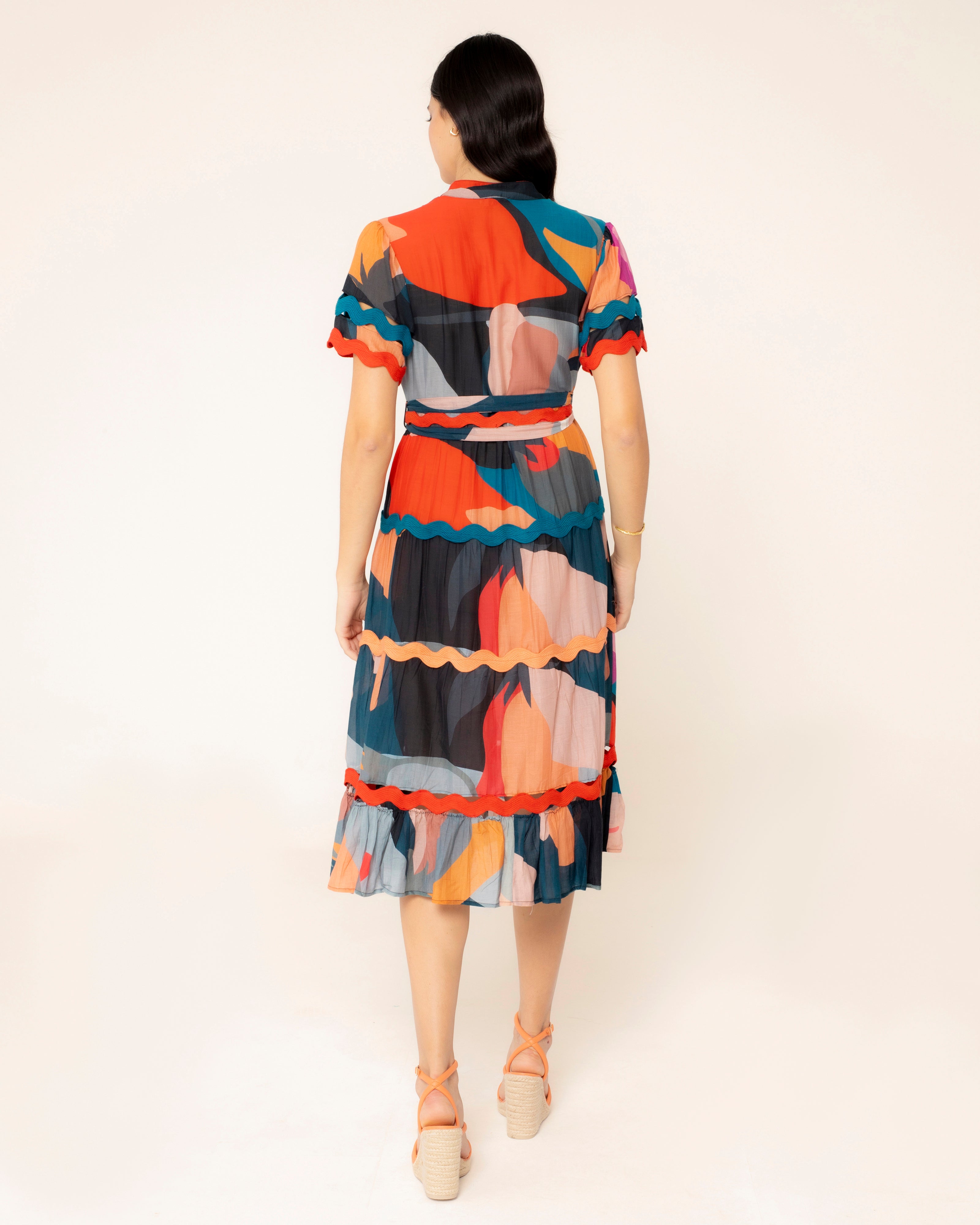 Vestido Midi com Estampado e Fecho Frontal com Botões Multicolor-4