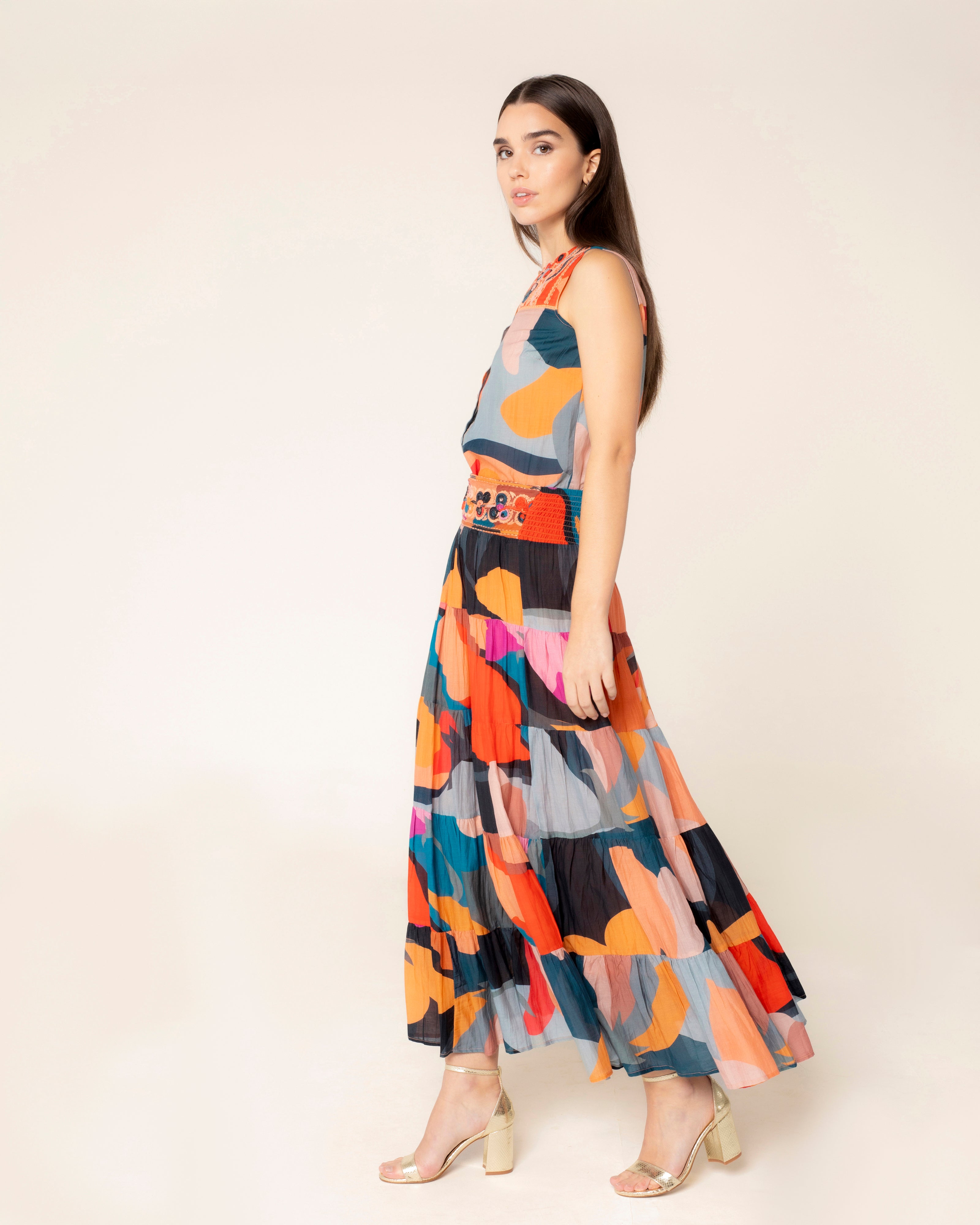 Saia Bordada com Estampado Geométrico Multicolor-1
