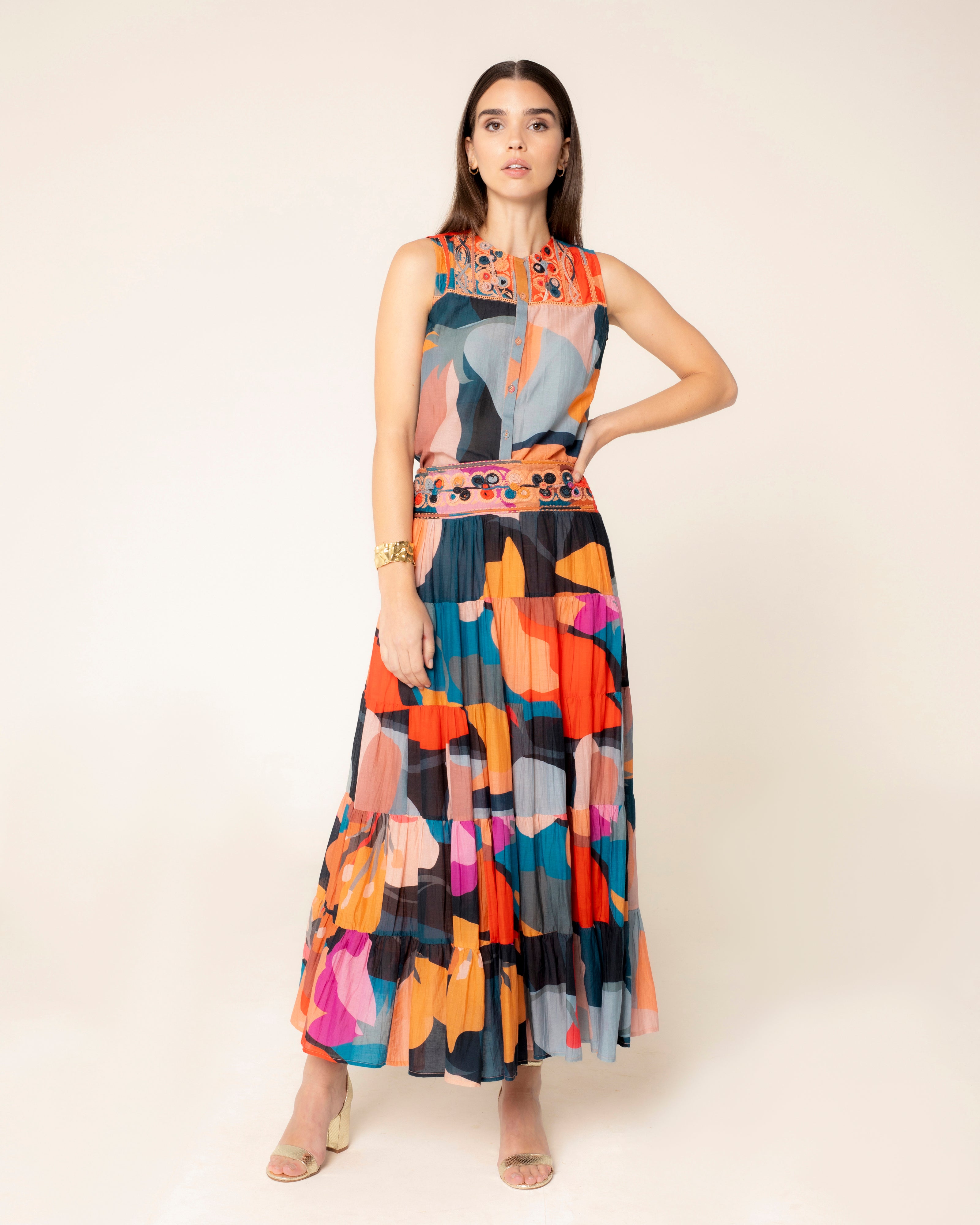 Saia Bordada com Estampado Geométrico Multicolor-3