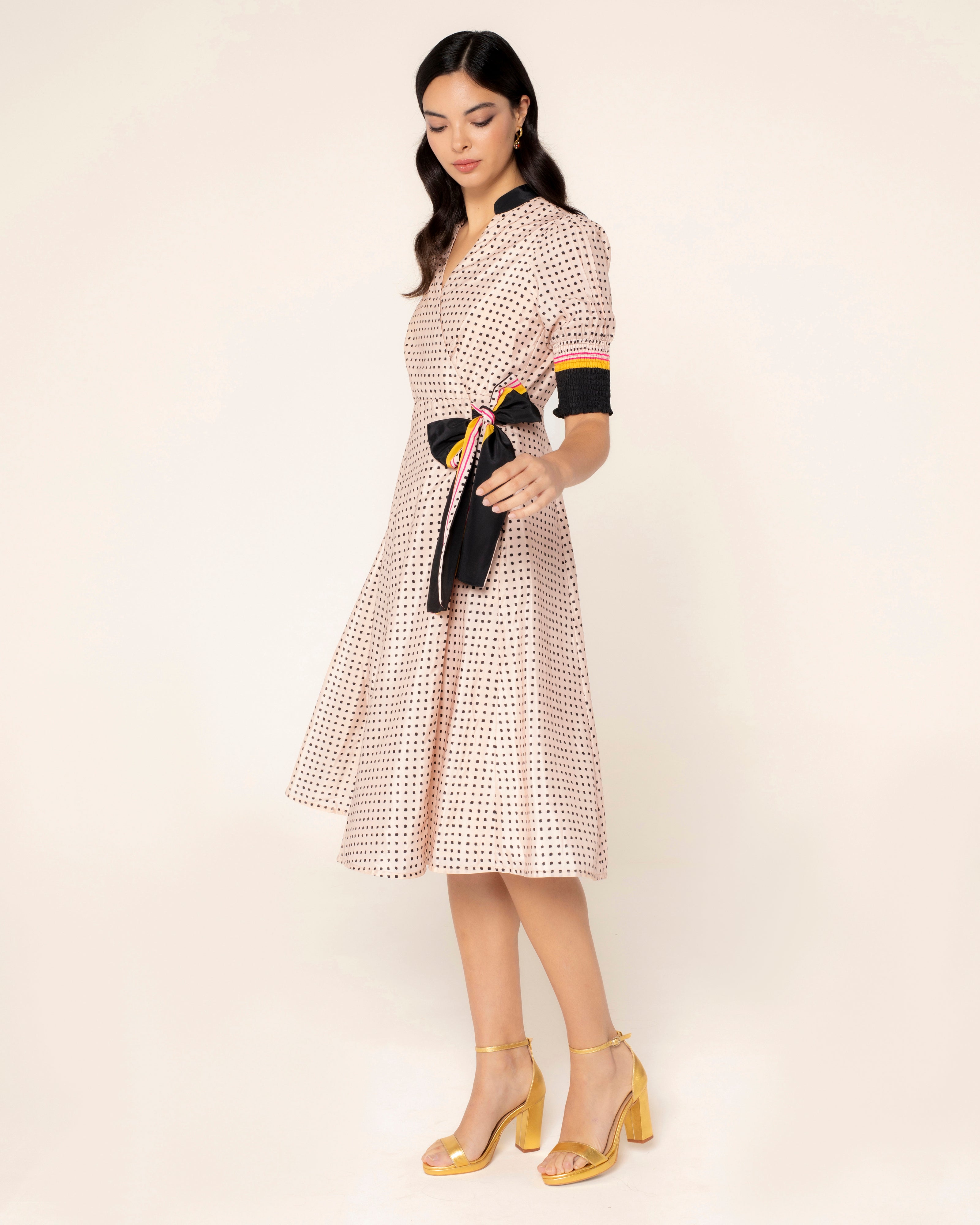 Vestido de Bolinhas com Laçada e Manga Abalonada Rosa-claro-1