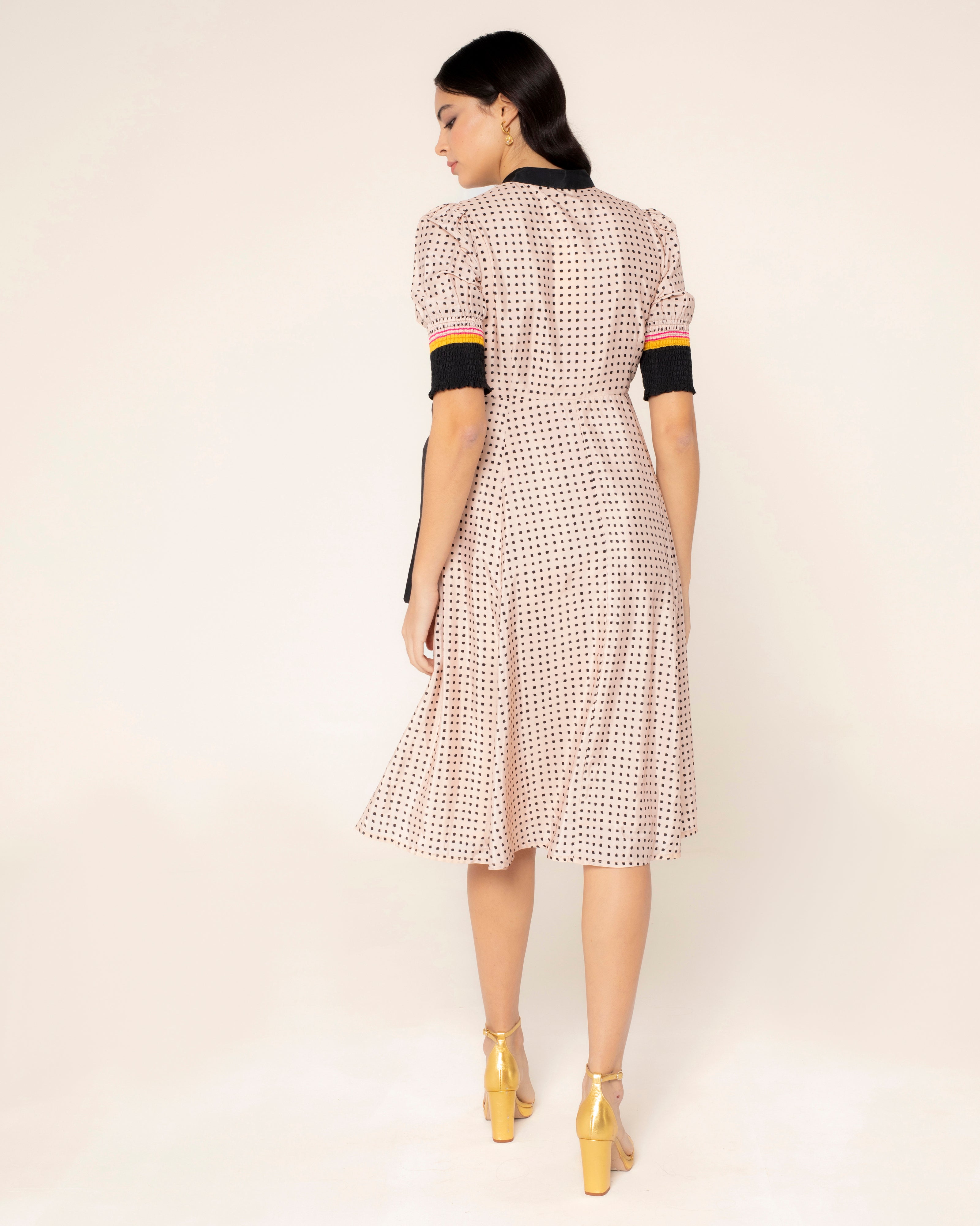 Vestido de Bolinhas com Laçada e Manga Abalonada Rosa-claro-2