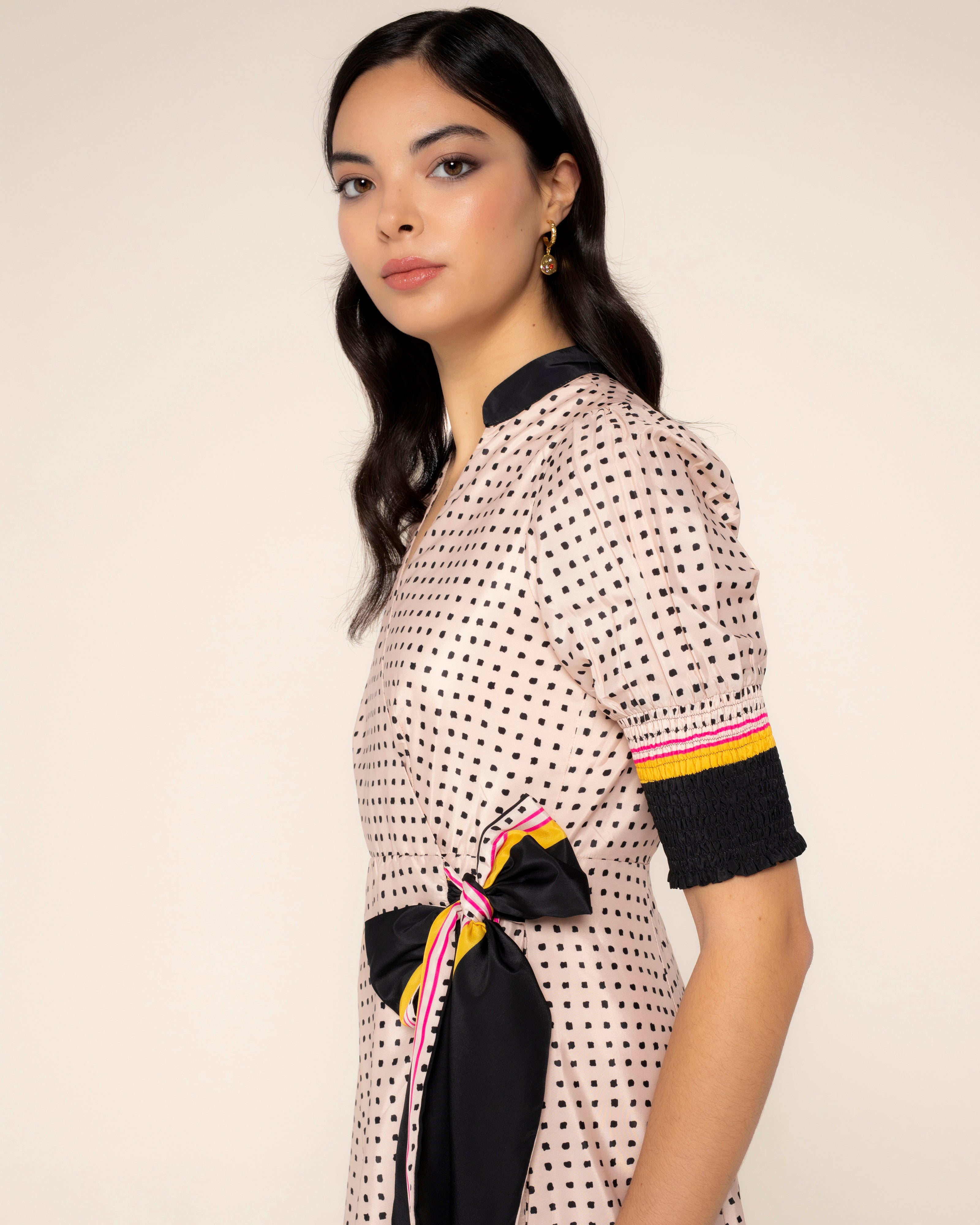 Vestido de Bolinhas com Laçada e Manga Abalonada Rosa-claro-3