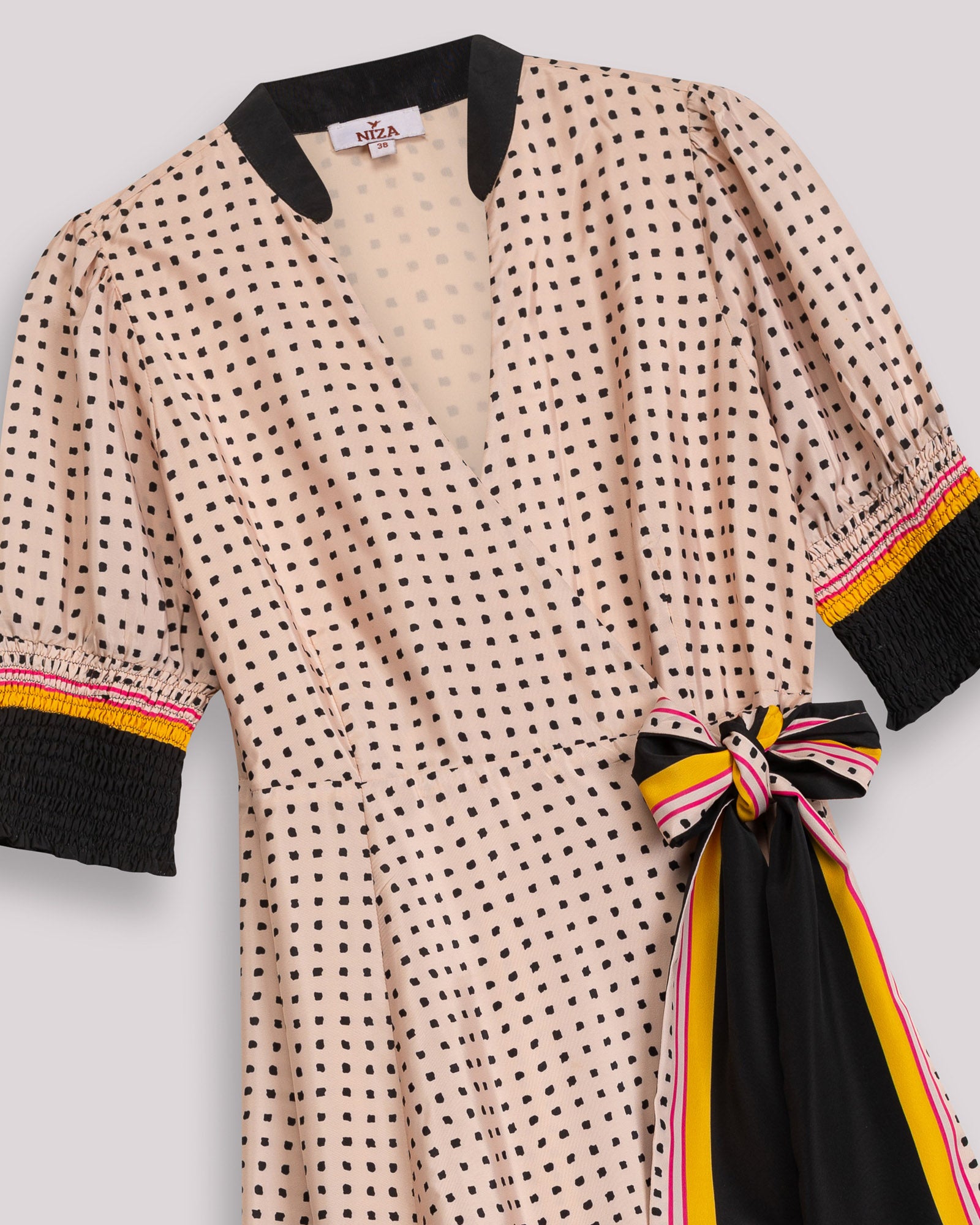 Vestido de Bolinhas com Laçada e Manga Abalonada Rosa-claro-6