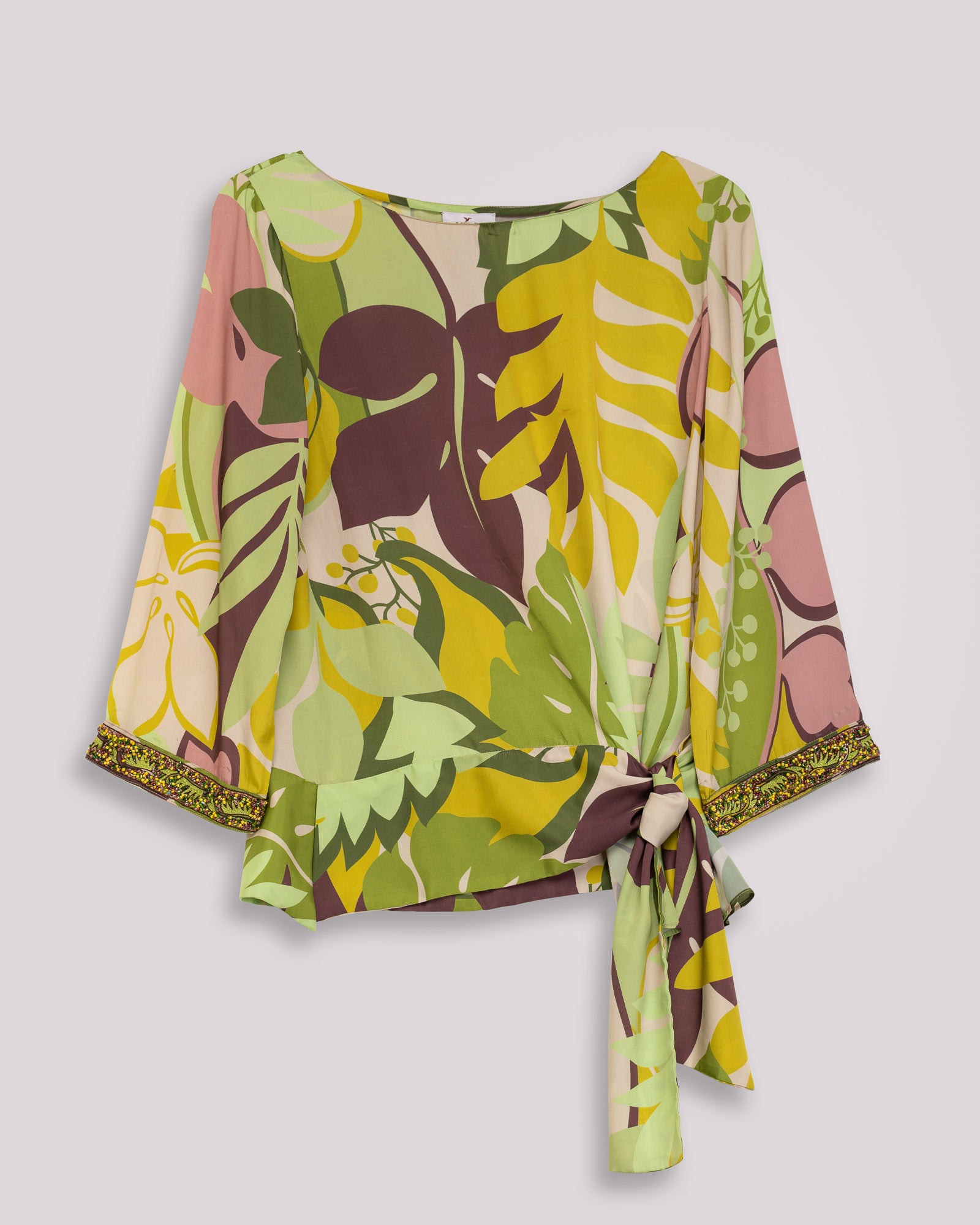 Blusa com Estampado Floral e Pedras Decorativas no Punho Amarelo-5
