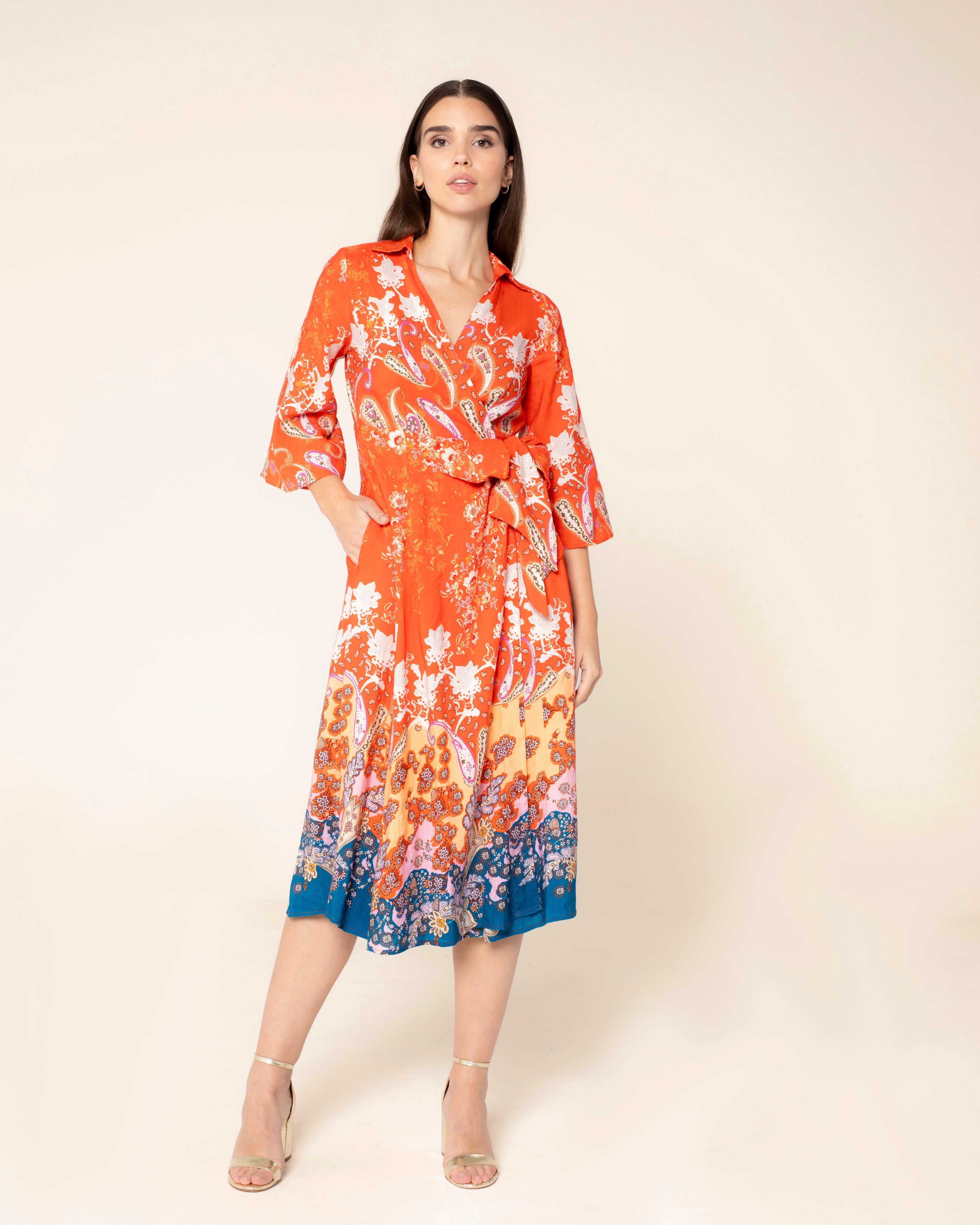Vestido Midi Tipo Kimono Floral Havana Laranja / azul marinho-1