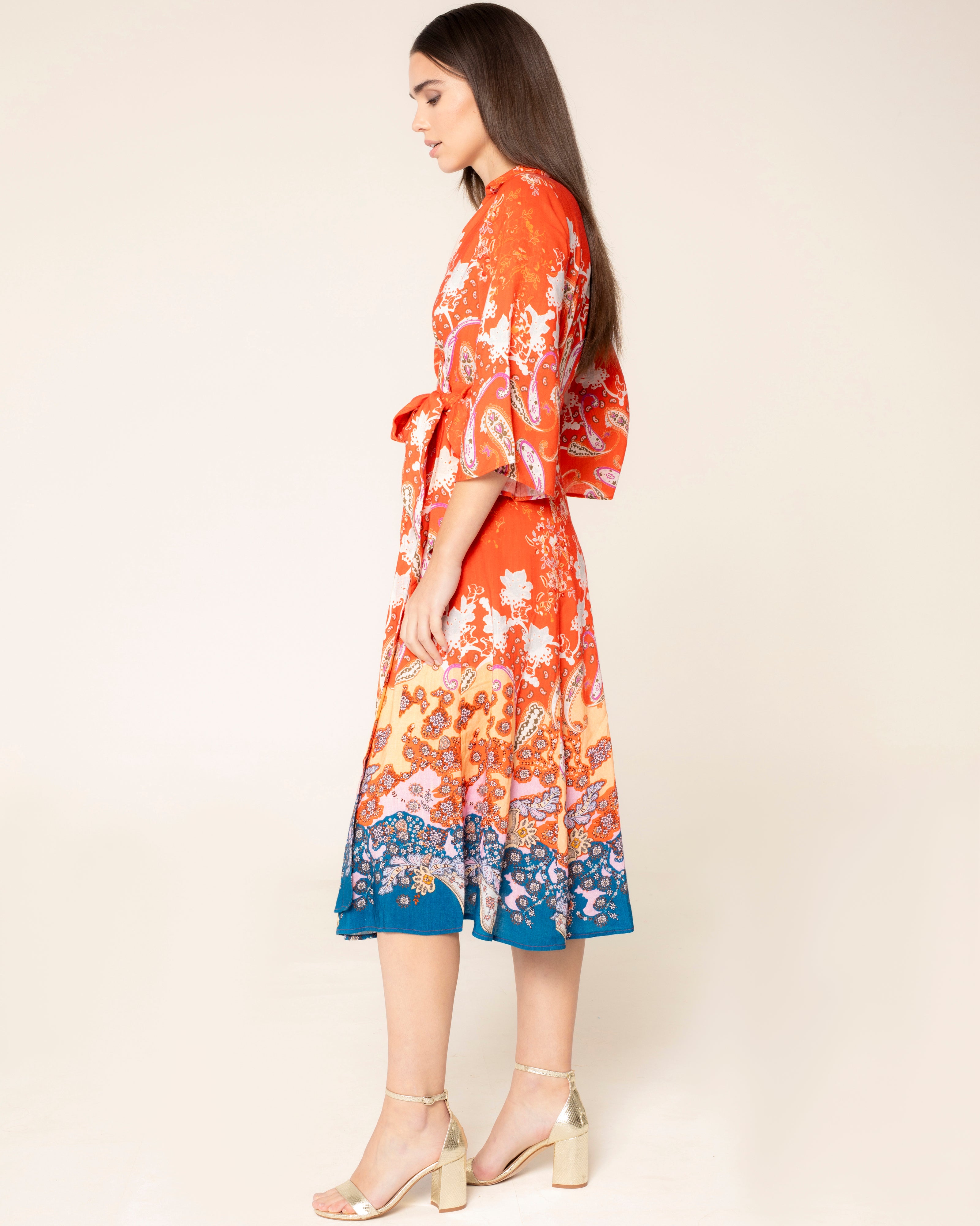 Vestido Midi Tipo Kimono Floral Havana Laranja / azul marinho-2