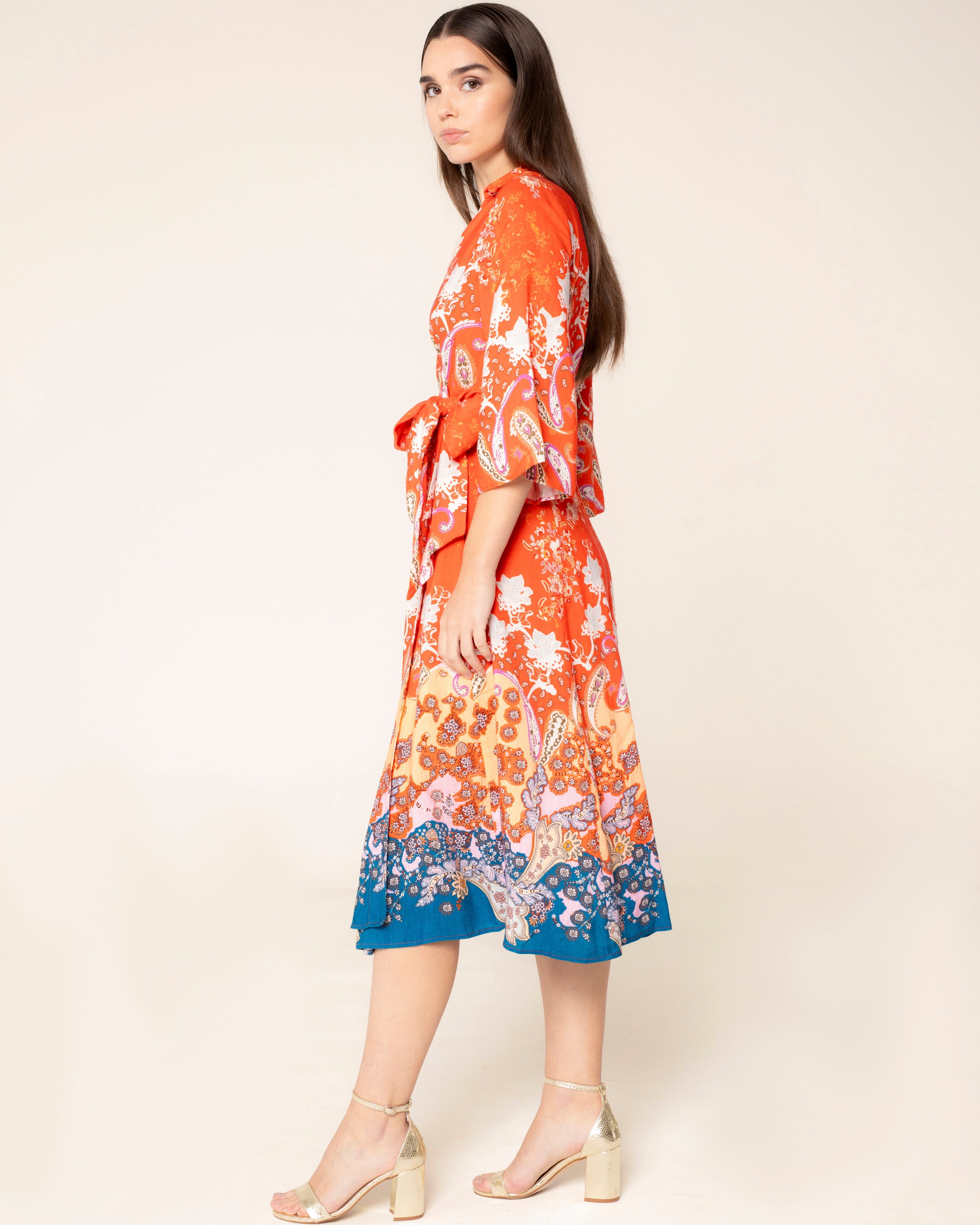 Vestido Midi Tipo Kimono Floral Havana Laranja / azul marinho-3