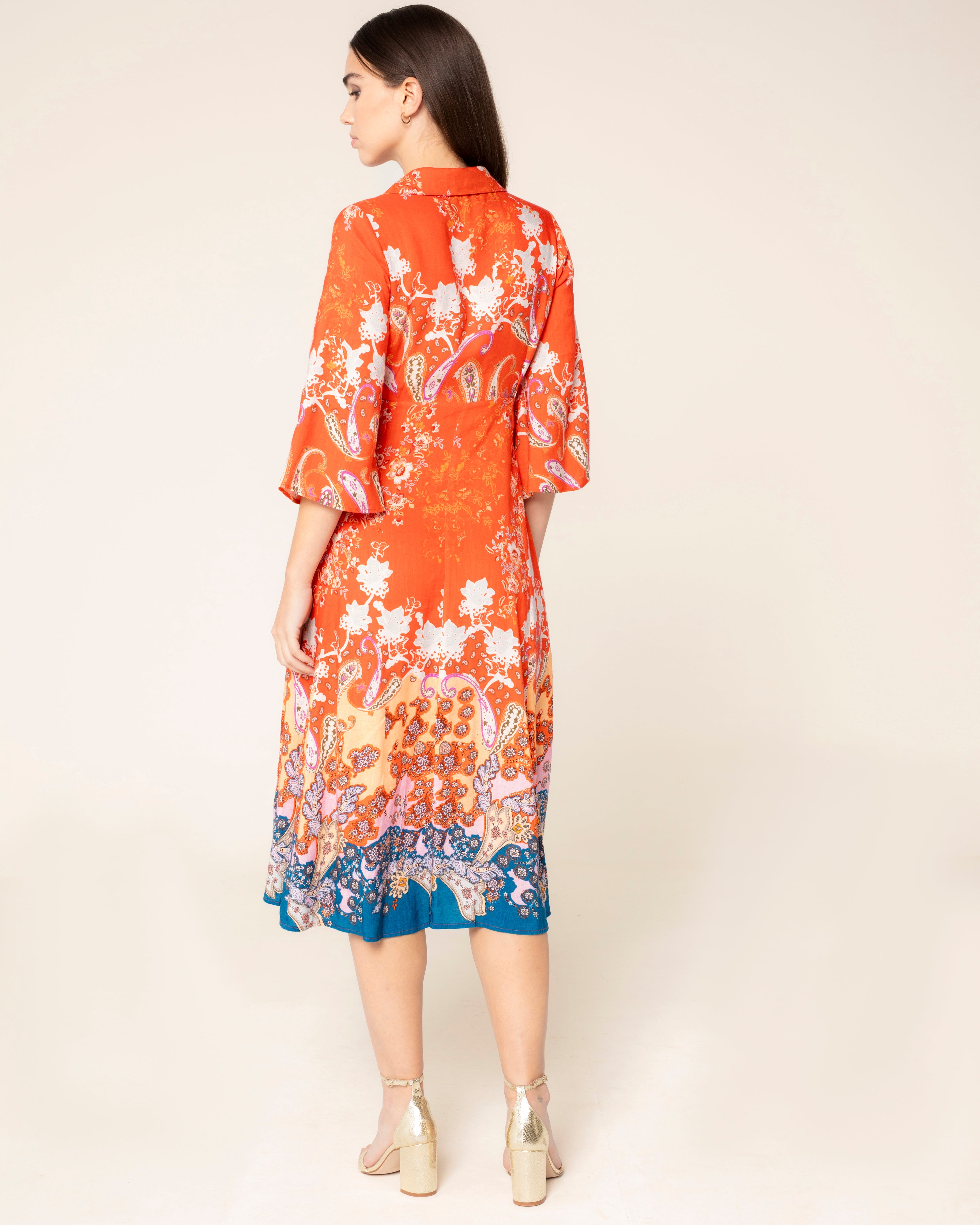 Vestido Midi Tipo Kimono Floral Havana Laranja / azul marinho-4