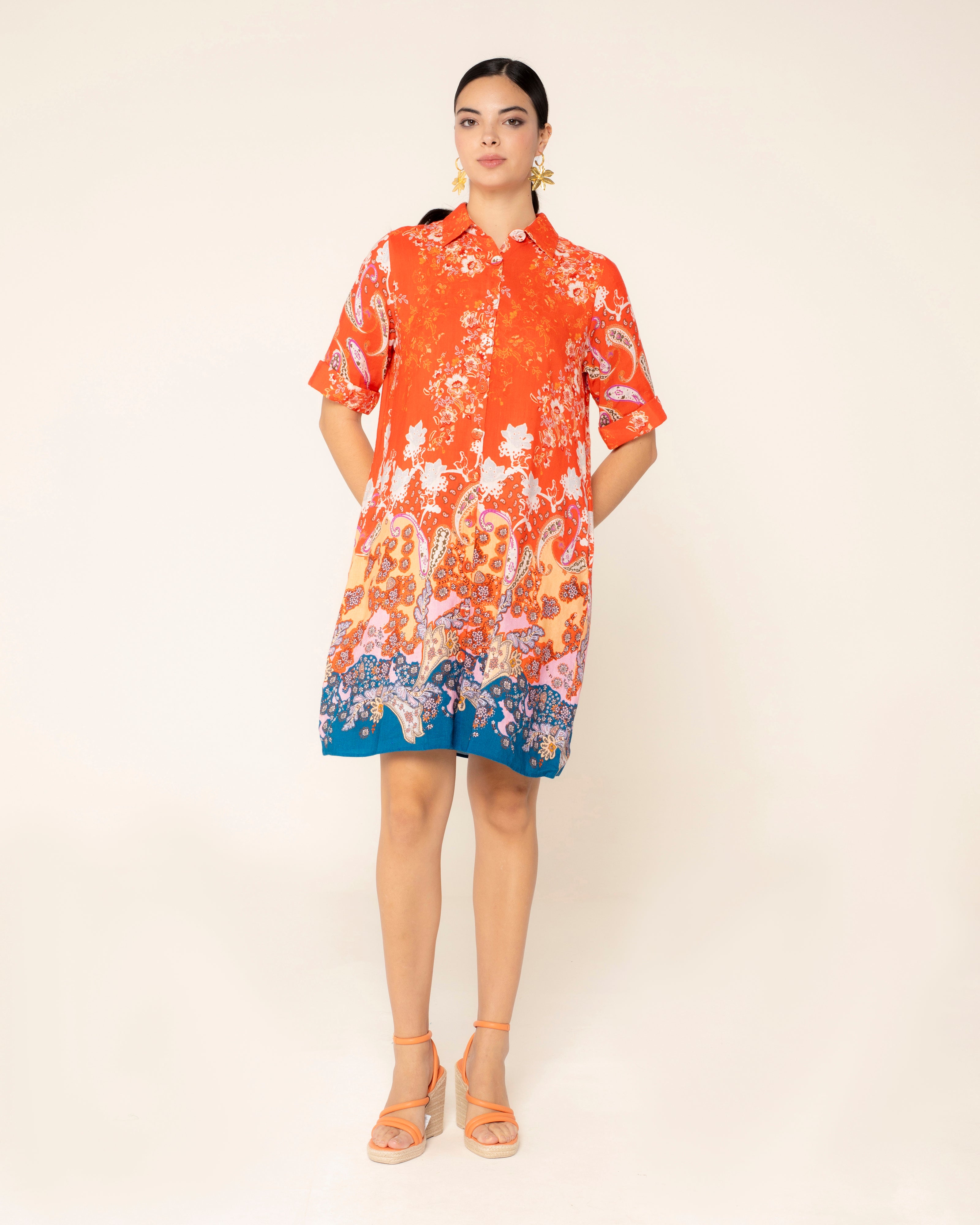 Vestido Curto com Volume Havana Laranja / azul marinho-1