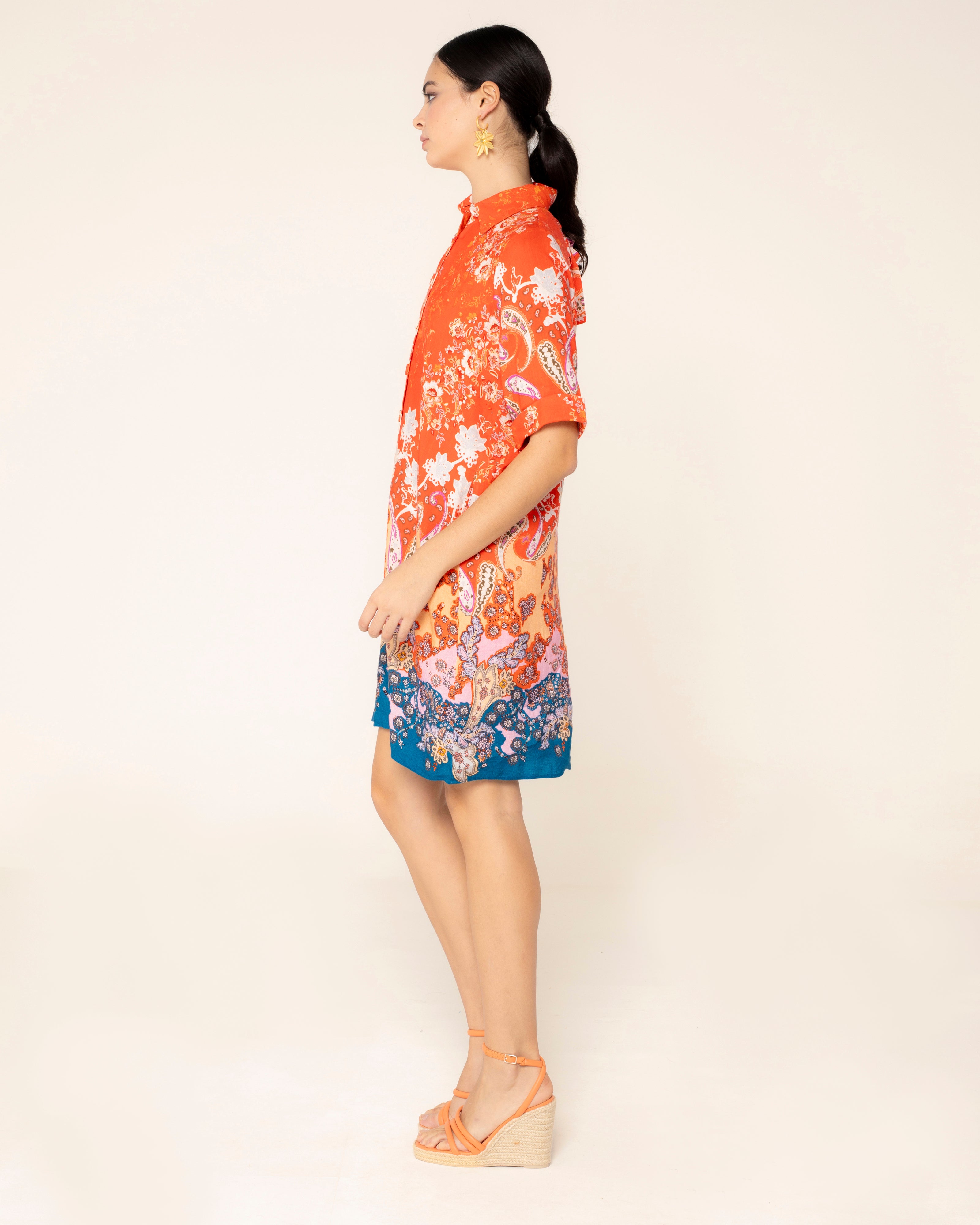 Vestido Curto com Volume Havana Laranja / azul marinho-3