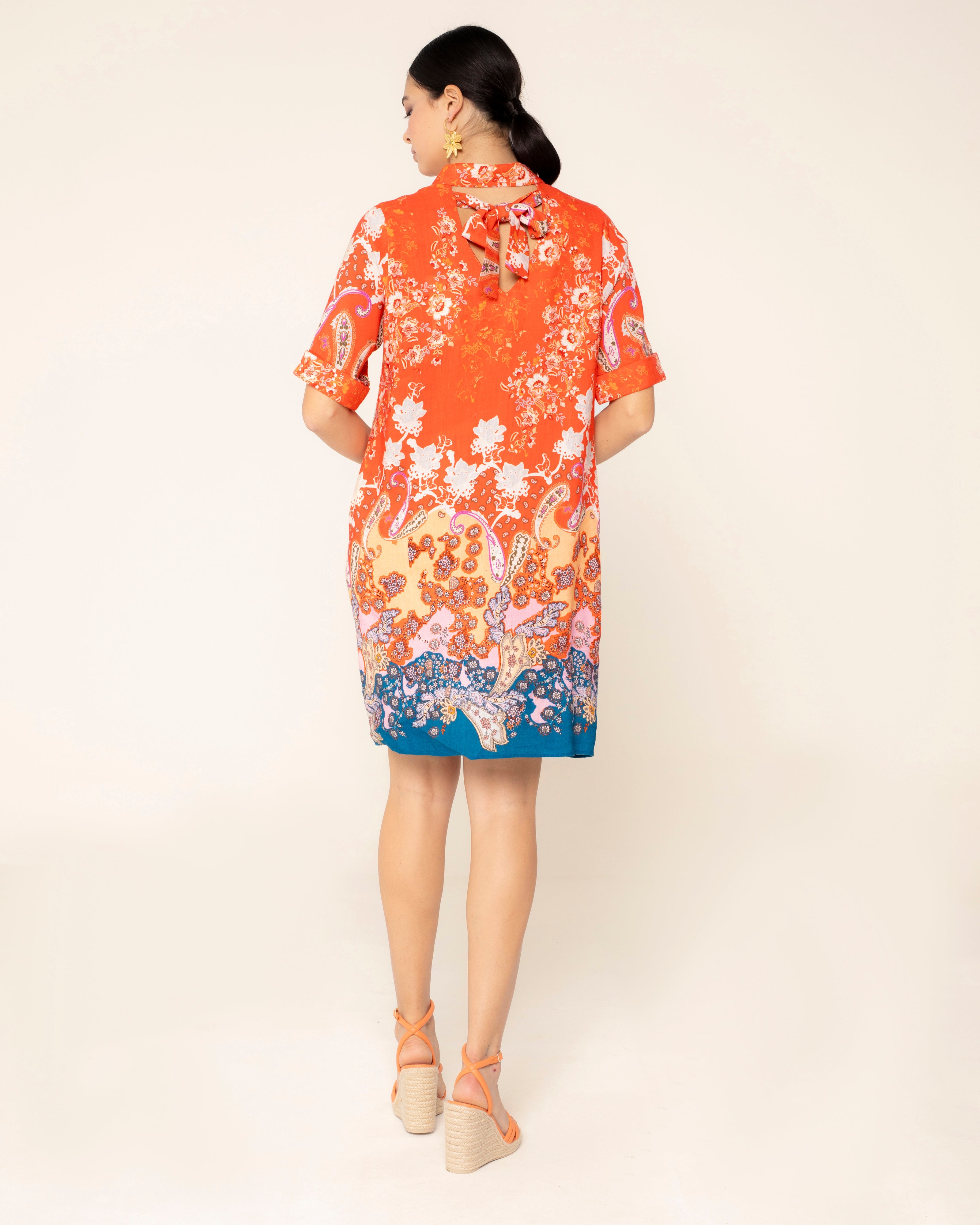Vestido Curto com Volume Havana Laranja / azul marinho-4