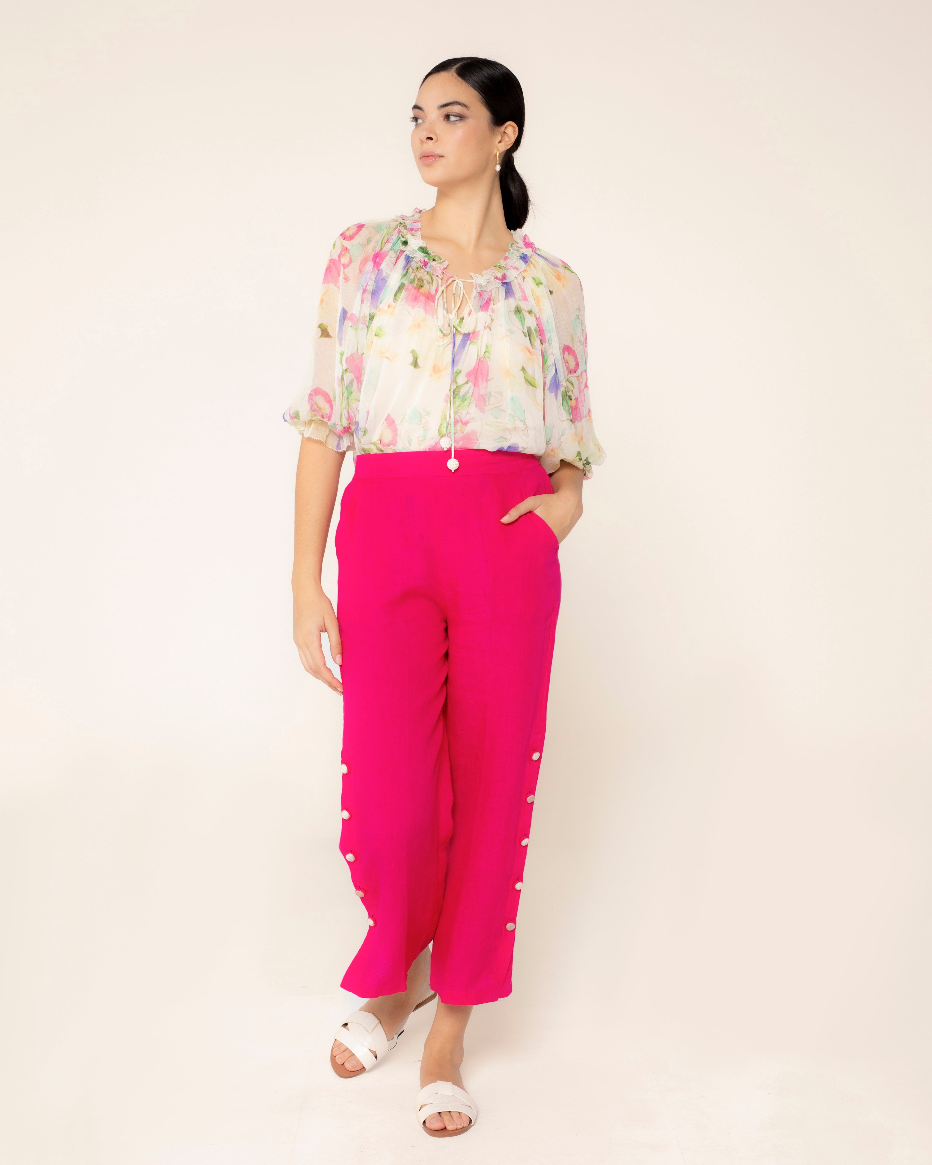 Calças Culotte de Linho com Aberturas Laterais Tulum Rosa-2