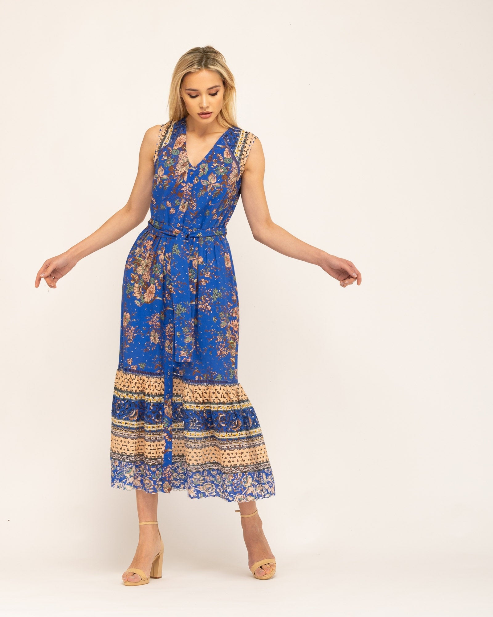 Vestido Comprido com Laçada na Cintura Manila Azul / Bege-1