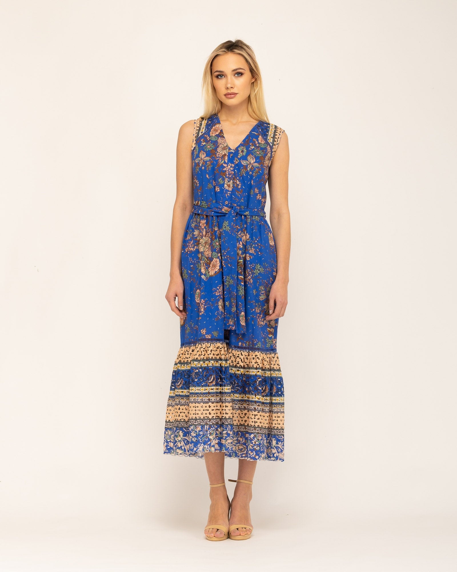 Vestido Comprido com Laçada na Cintura Manila Azul / Bege-2