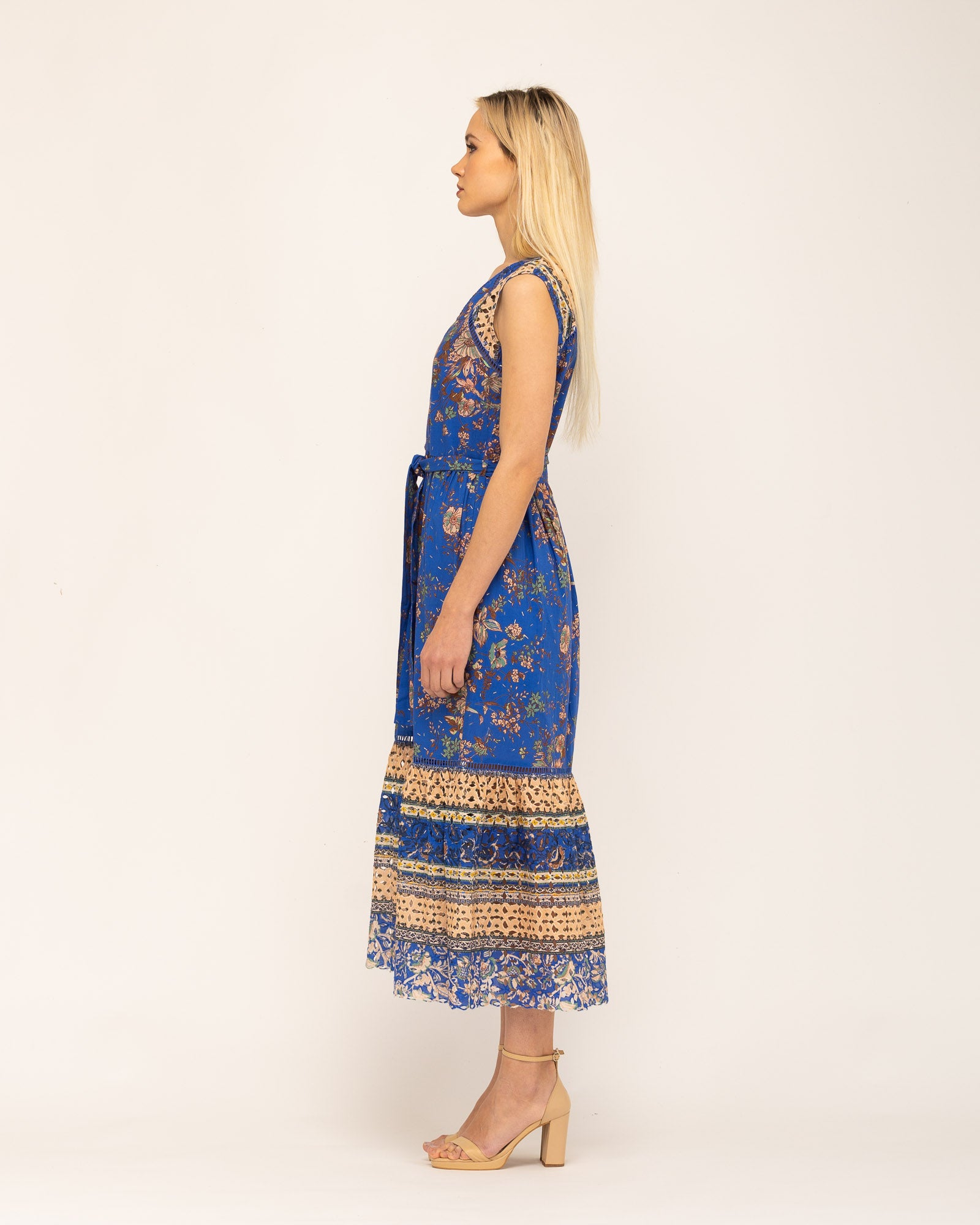 Vestido Comprido com Laçada na Cintura Manila Azul / Bege-3