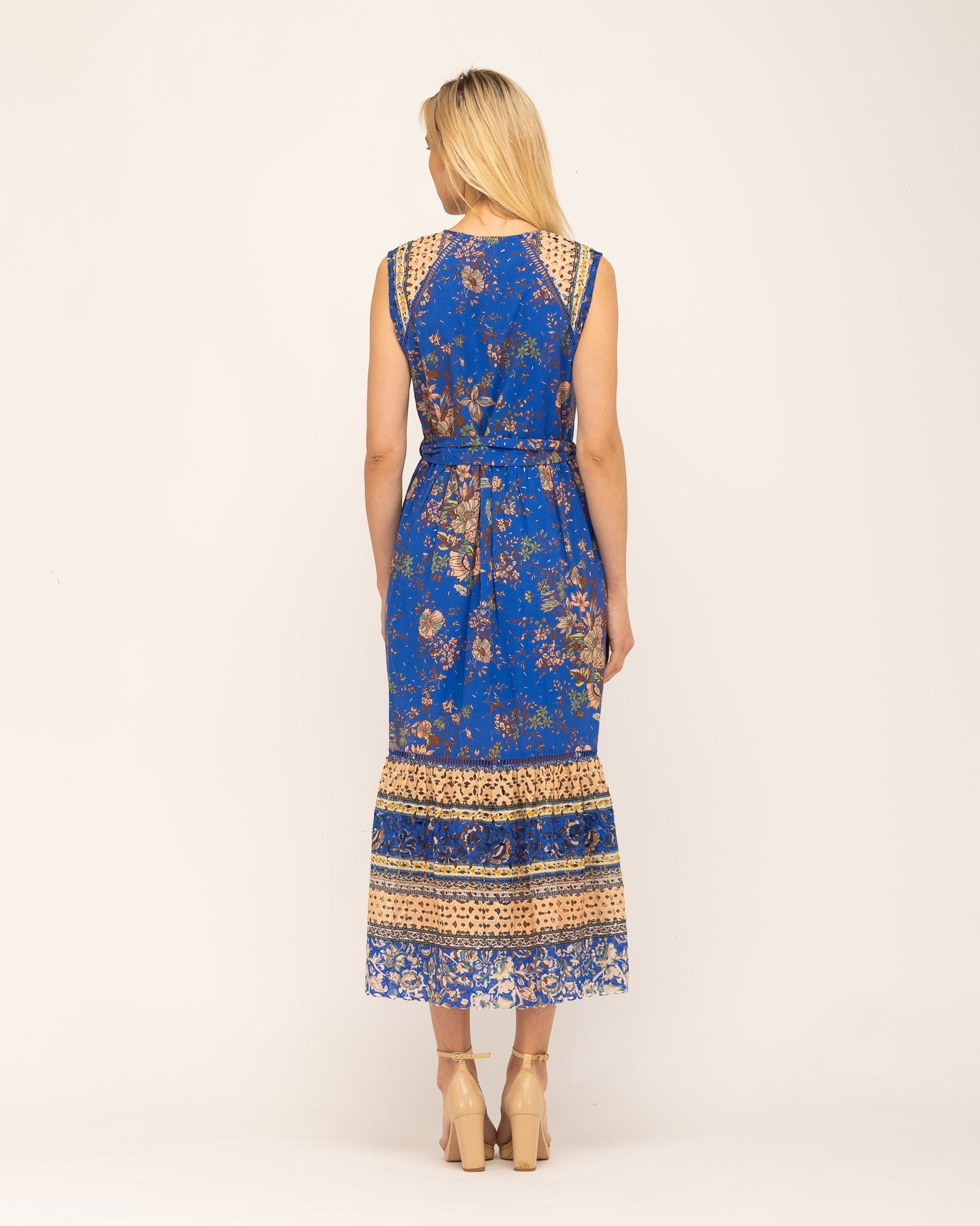 Vestido Comprido com Laçada na Cintura Manila Azul / Bege-4