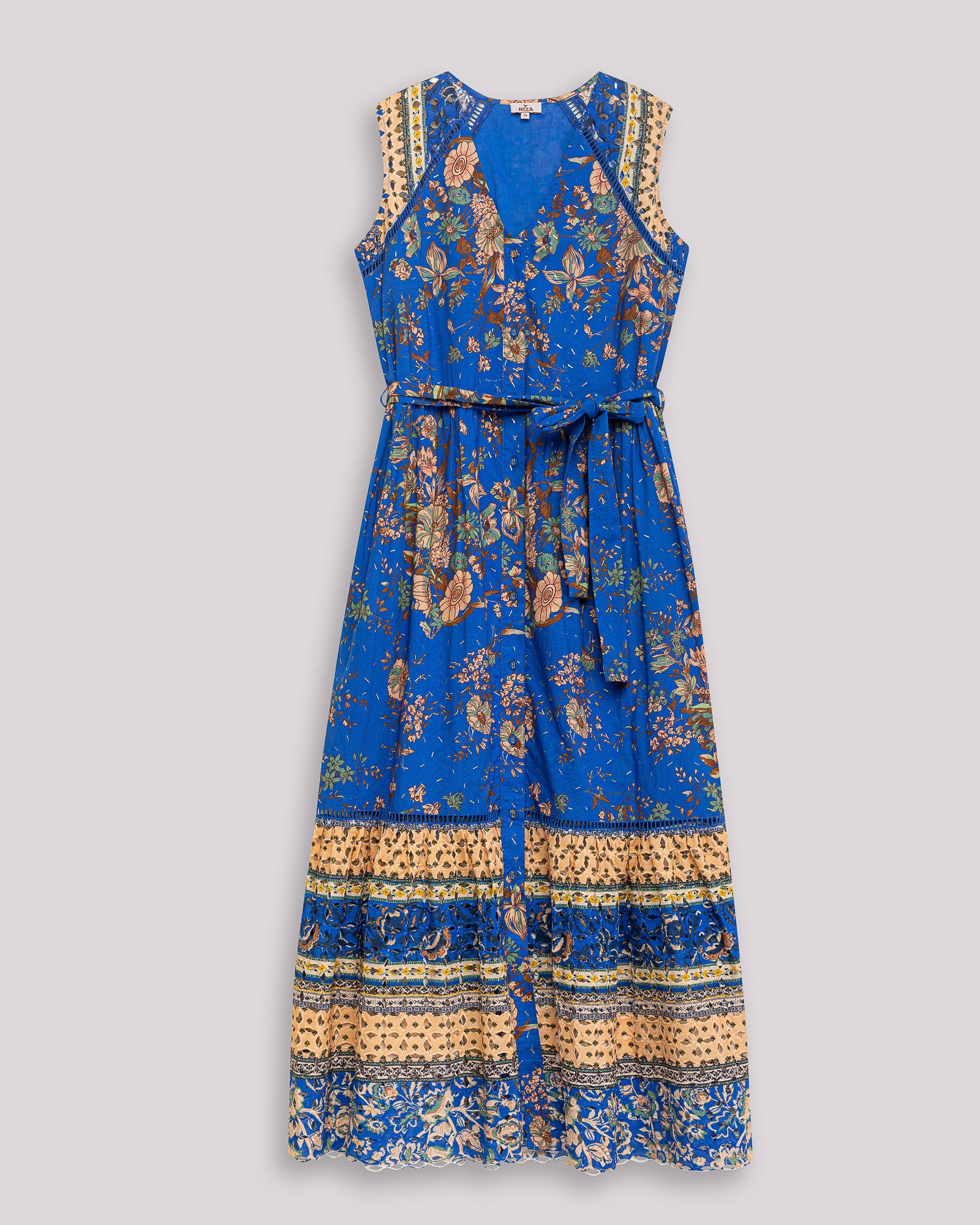 Vestido Comprido com Laçada na Cintura Manila Azul / Bege-5