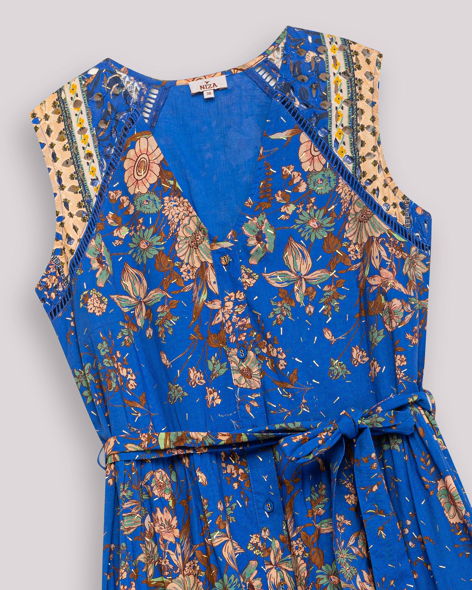 Vestido Comprido com Laçada na Cintura Manila Azul / Bege-6
