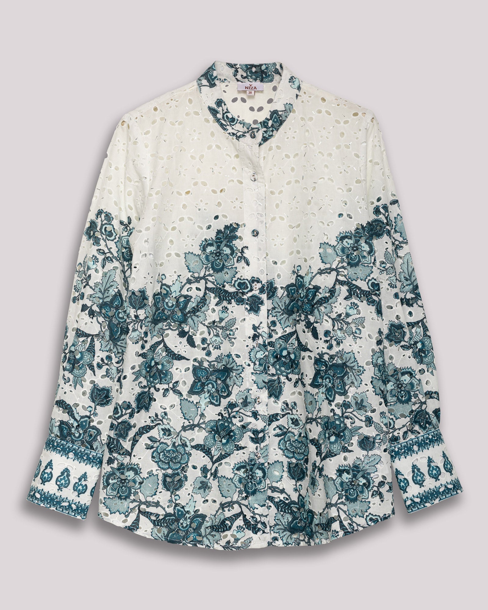 Camisa Perfurada Estampada em Salvia Branco / Azul-6