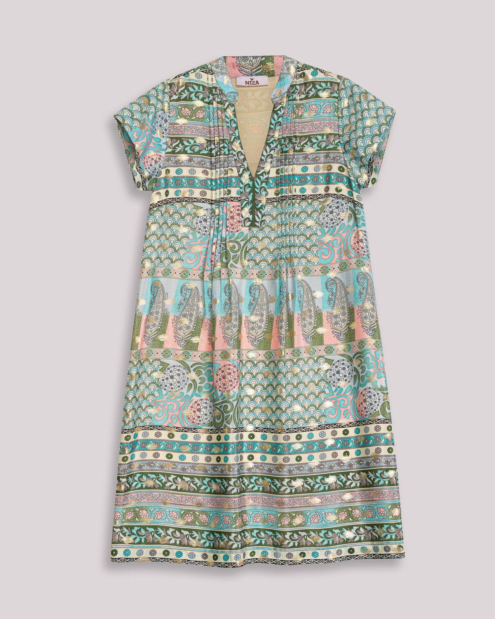 Vestido Curto com Estampado Geométrico e Foil Dourado Verde-5