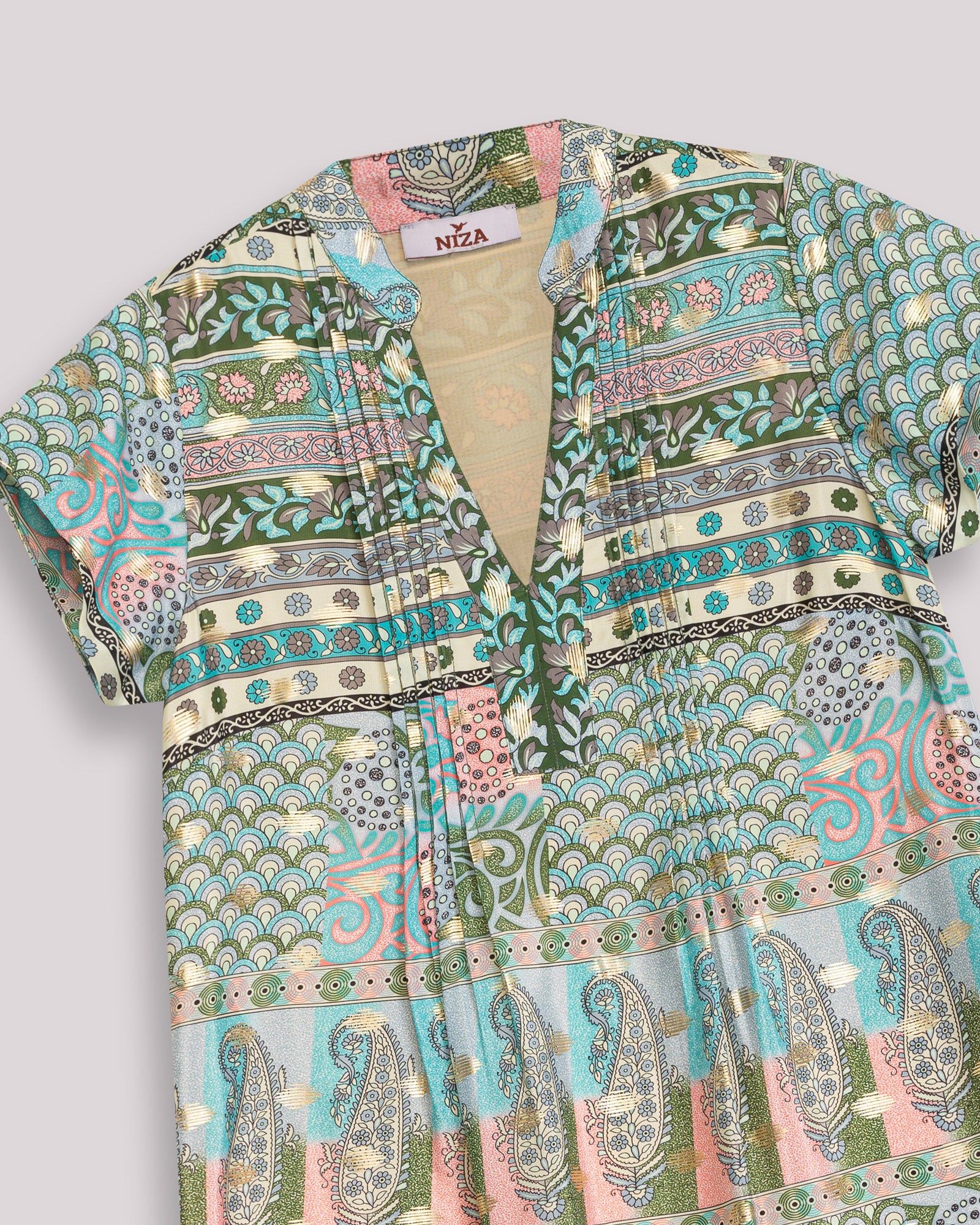 Vestido Curto com Estampado Geométrico e Foil Dourado Verde-6