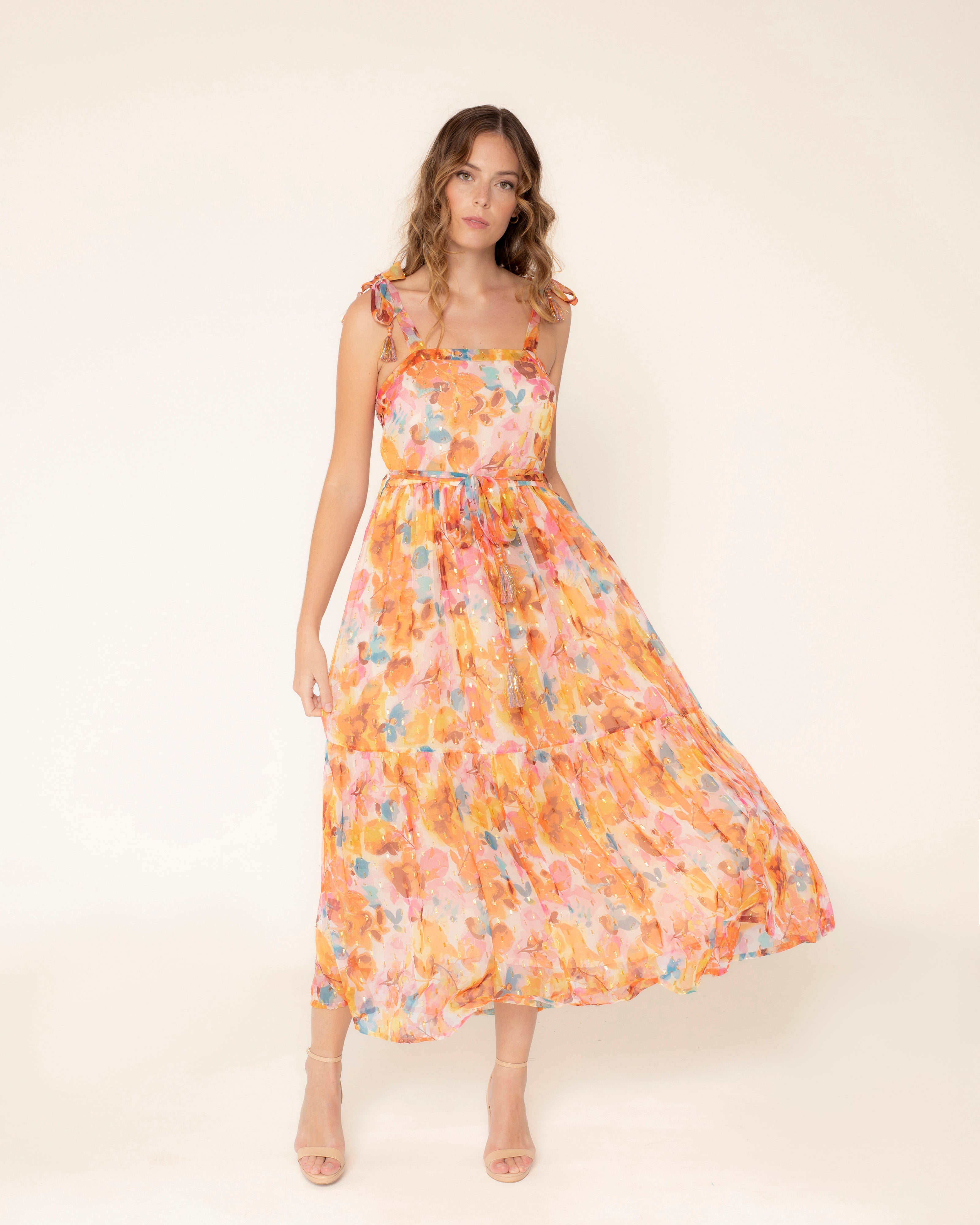 Vestido Comprido com Fio Metalizado e Laçada nos Ombros Laranja-1