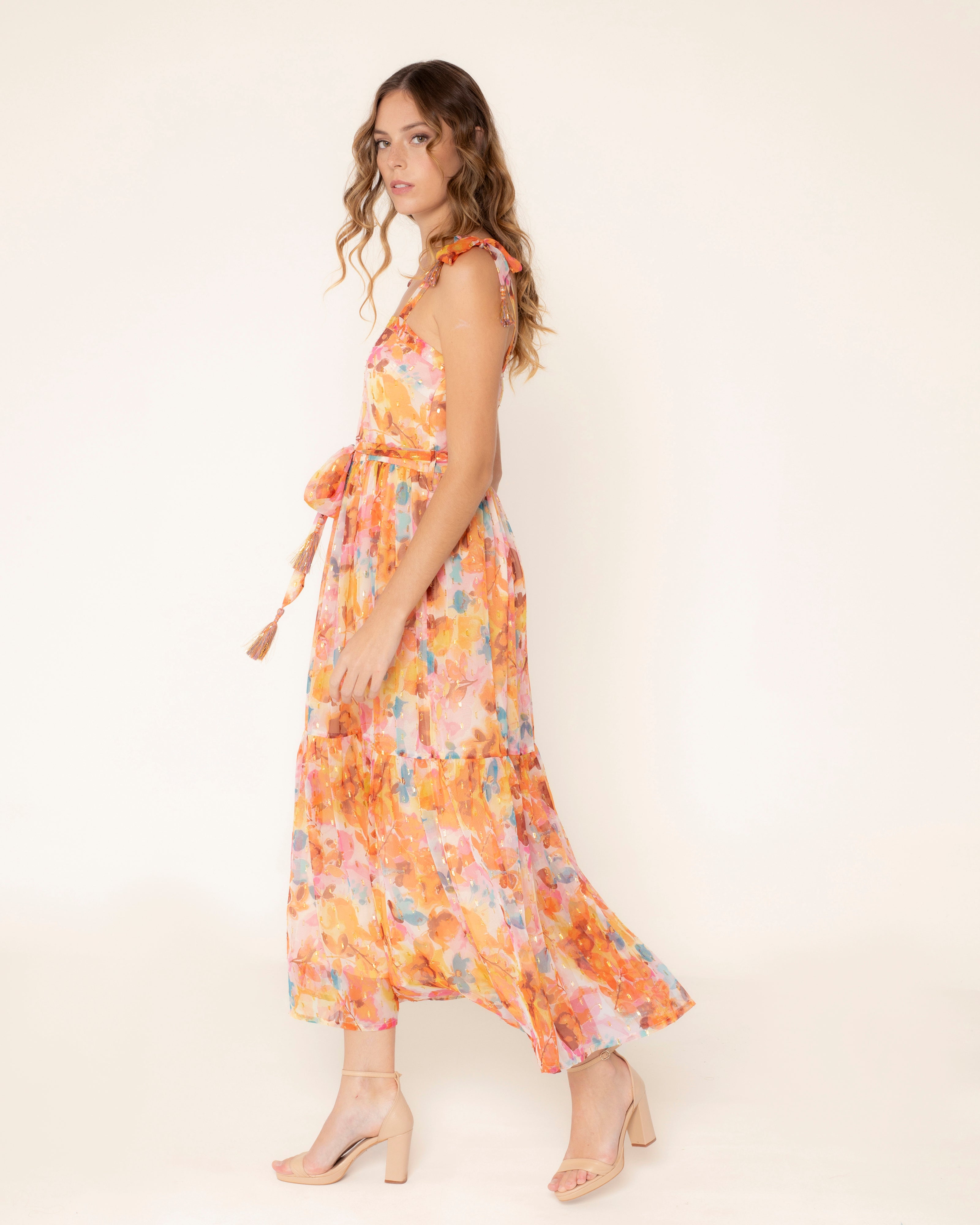 Vestido Comprido com Fio Metalizado e Laçada nos Ombros Laranja-2