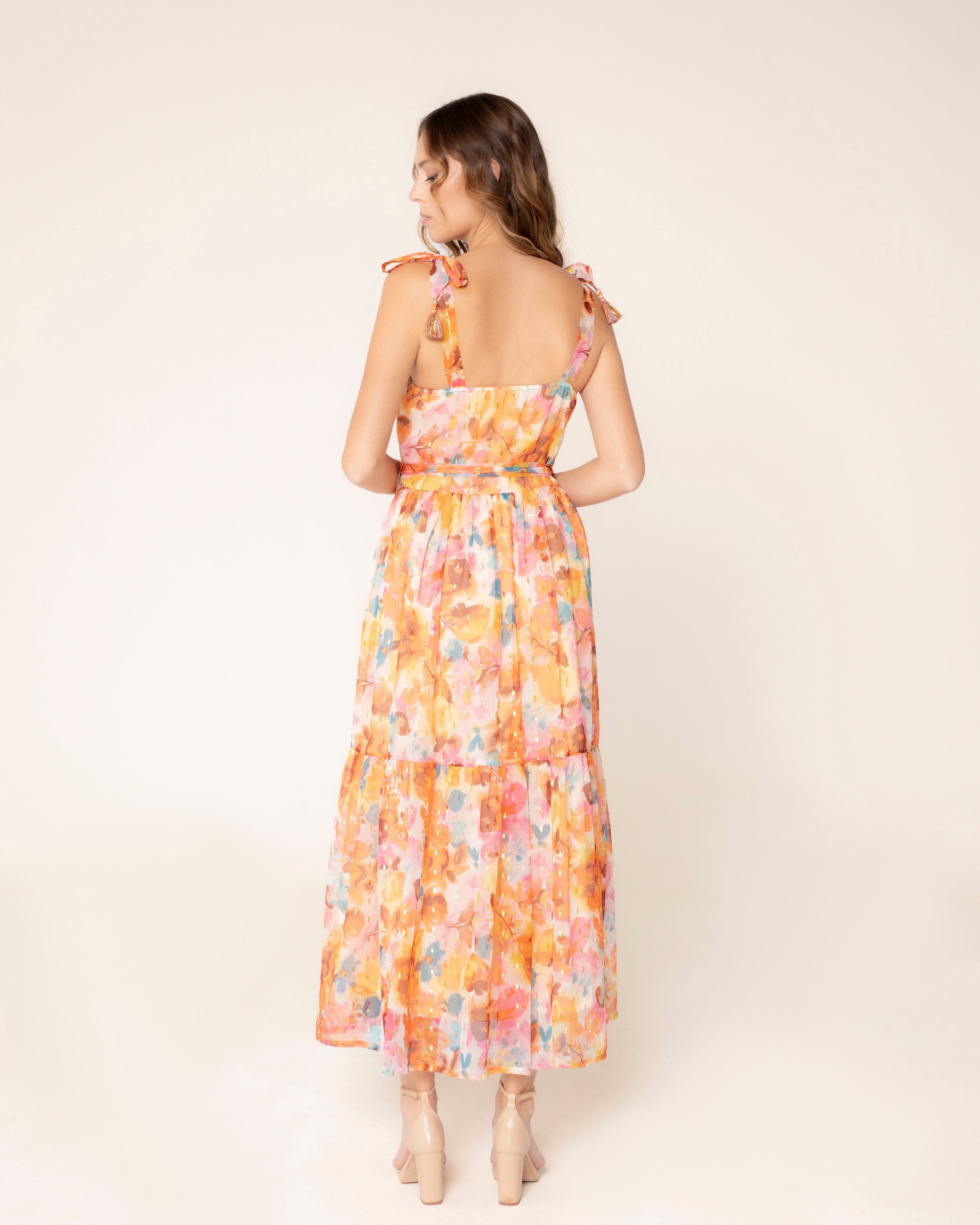 Vestido Comprido com Fio Metalizado e Laçada nos Ombros Laranja-4