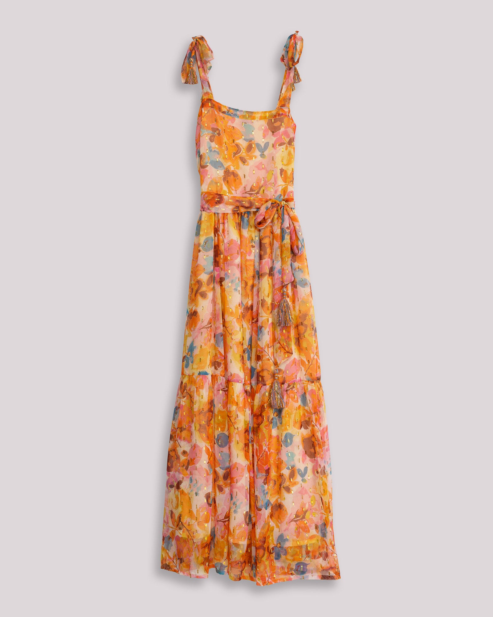 Vestido Comprido com Fio Metalizado e Laçada nos Ombros Laranja-5