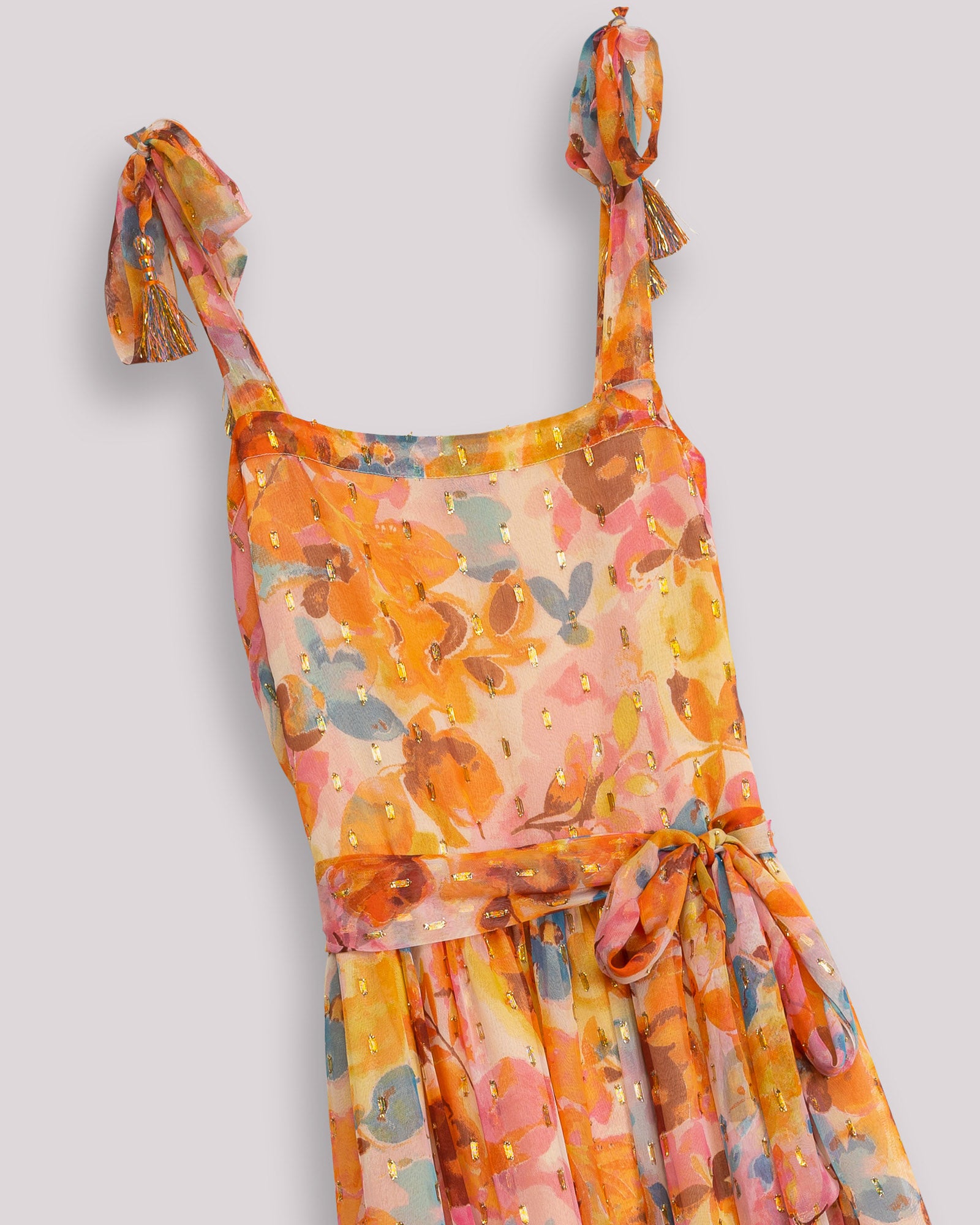 Vestido Comprido com Fio Metalizado e Laçada nos Ombros Laranja-6