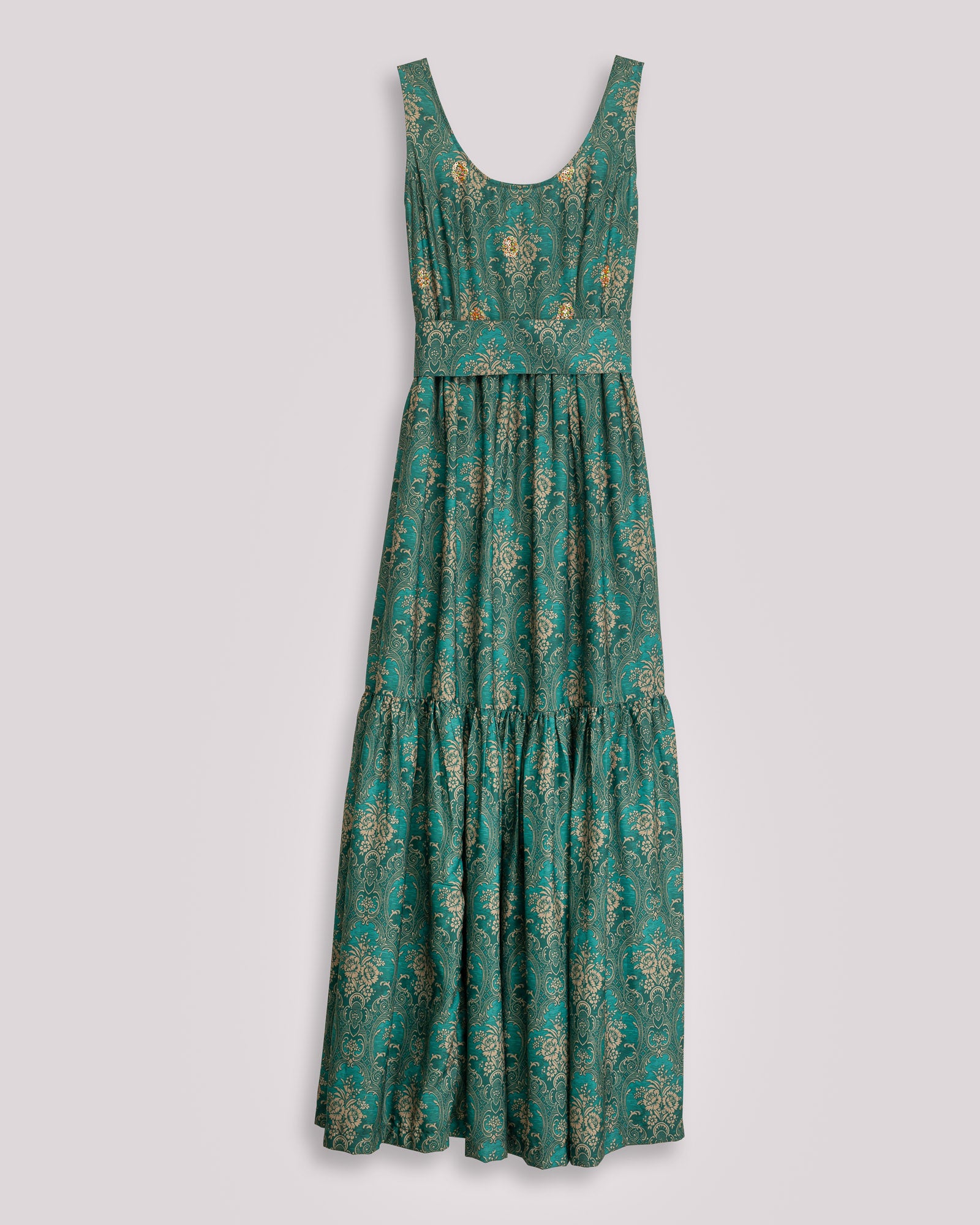 Vestido Comprido com Decote Redondo e Pedraria Bordada Verde-5