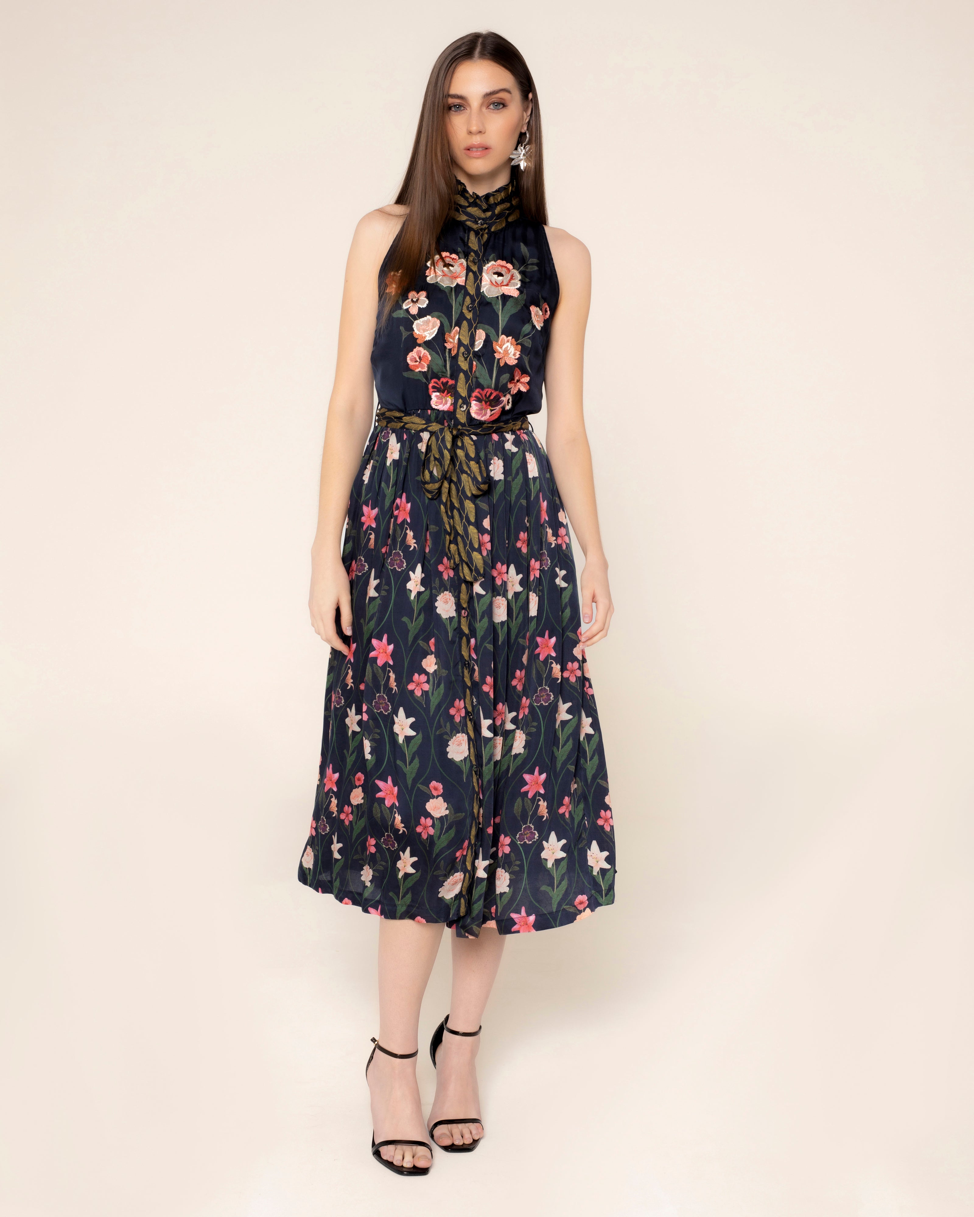 Vestido Midi Estampado Bouquet Azul-1