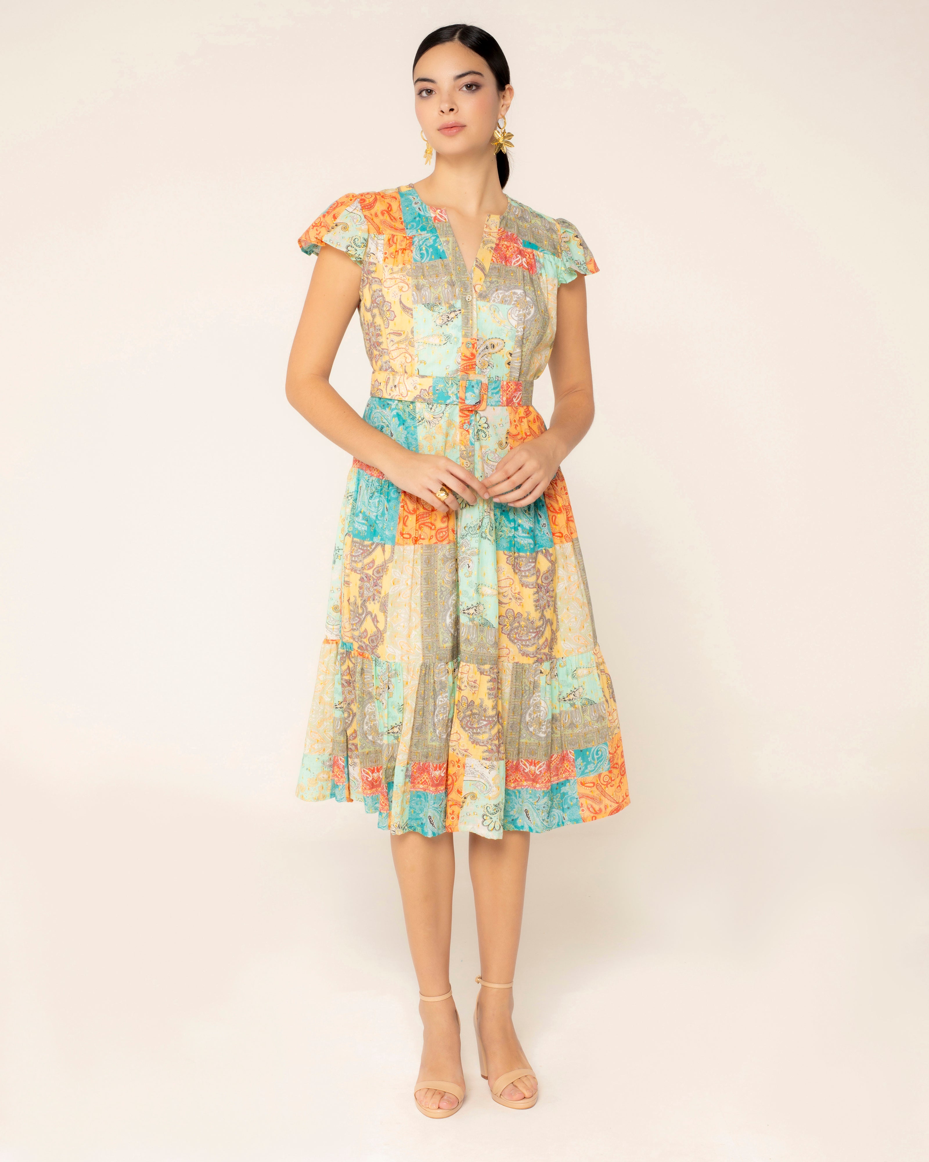 Vestido Midi de Algodão com Botões Multicolor-1