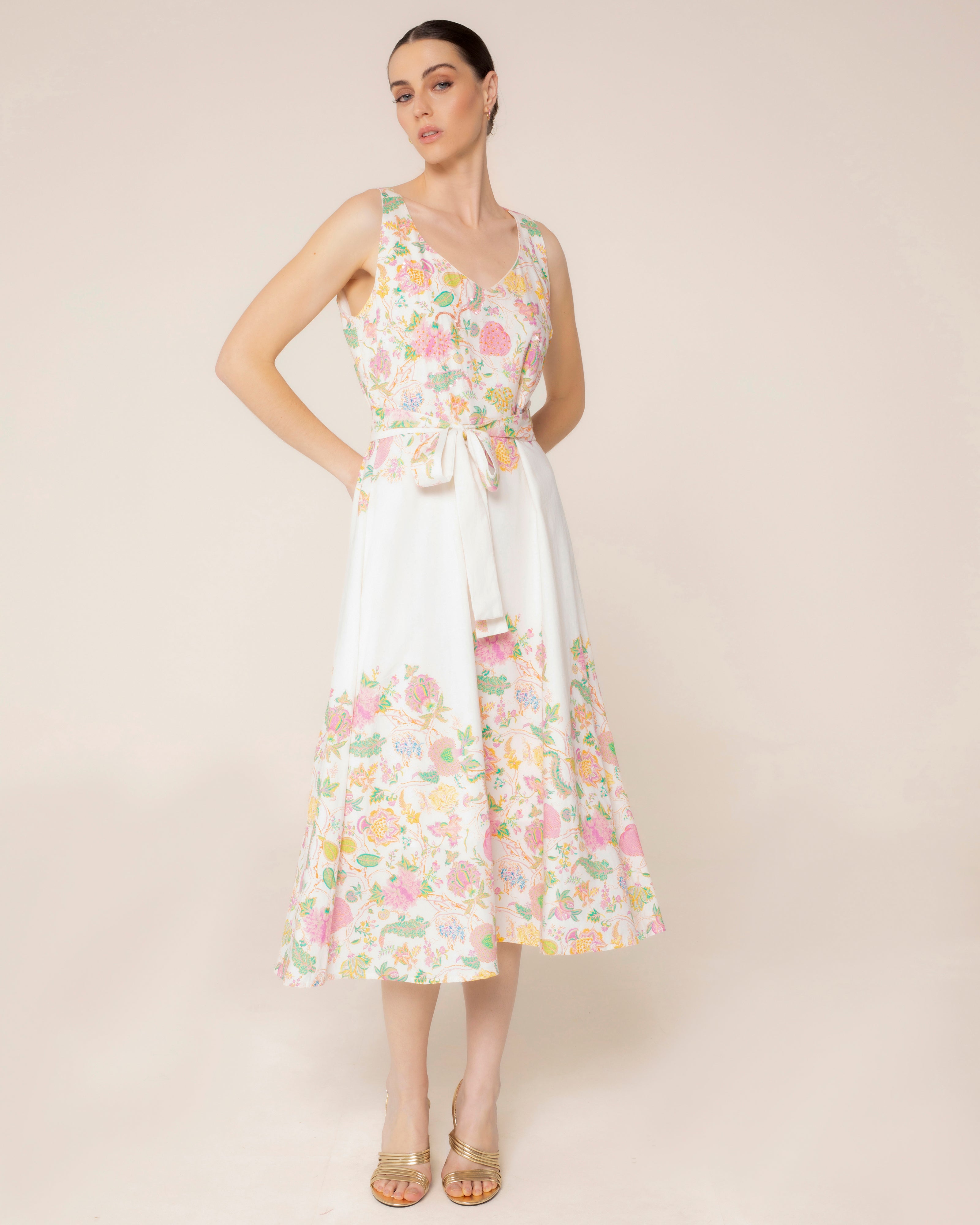 Vestido Midi com Gola em V e Estampado Floral Branco-1