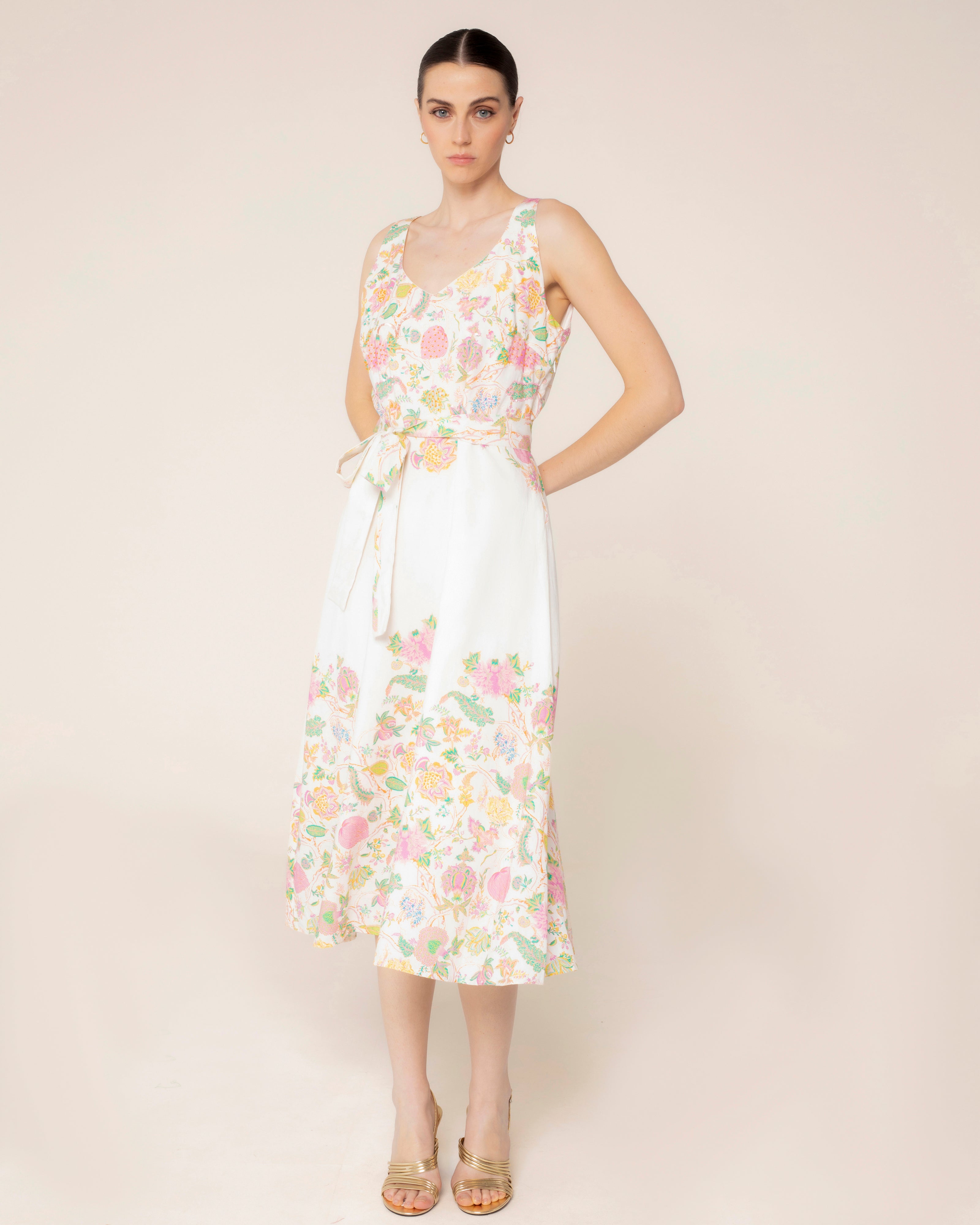 Vestido Midi com Gola em V e Estampado Floral Branco-2