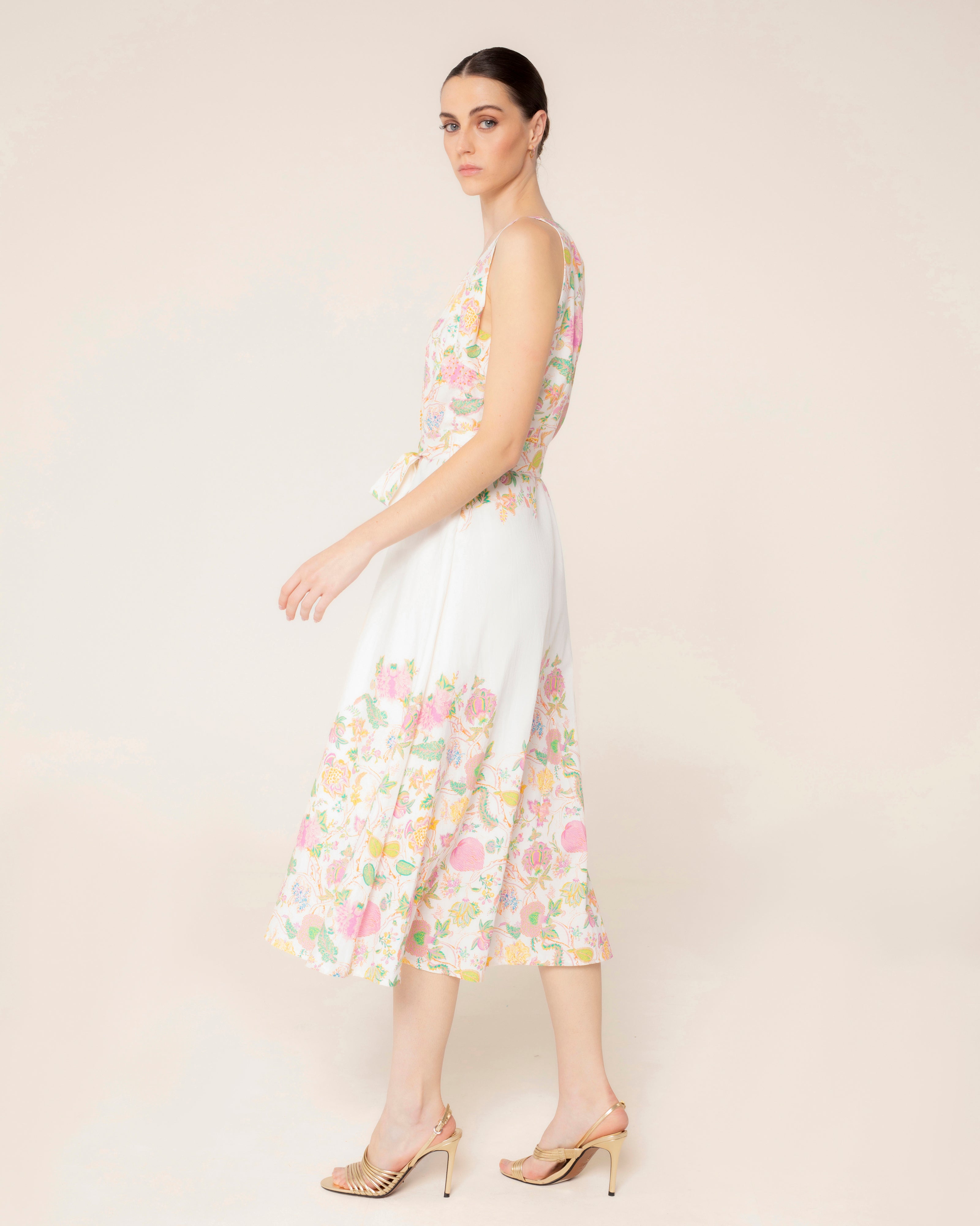 Vestido Midi com Gola em V e Estampado Floral Branco-3