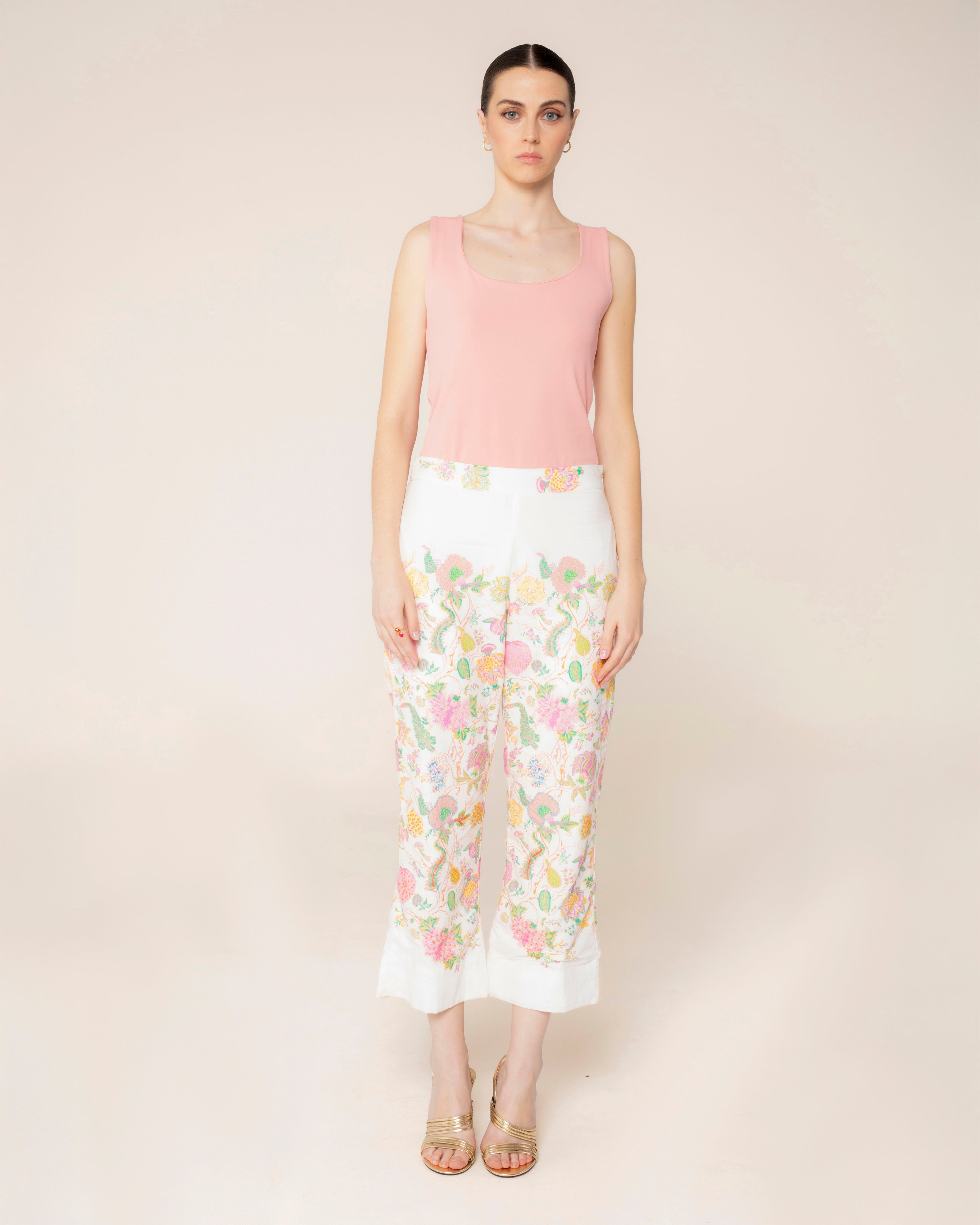 Calças À Boca de Sino com Flare Bordado e Estampado Floral Branco-3