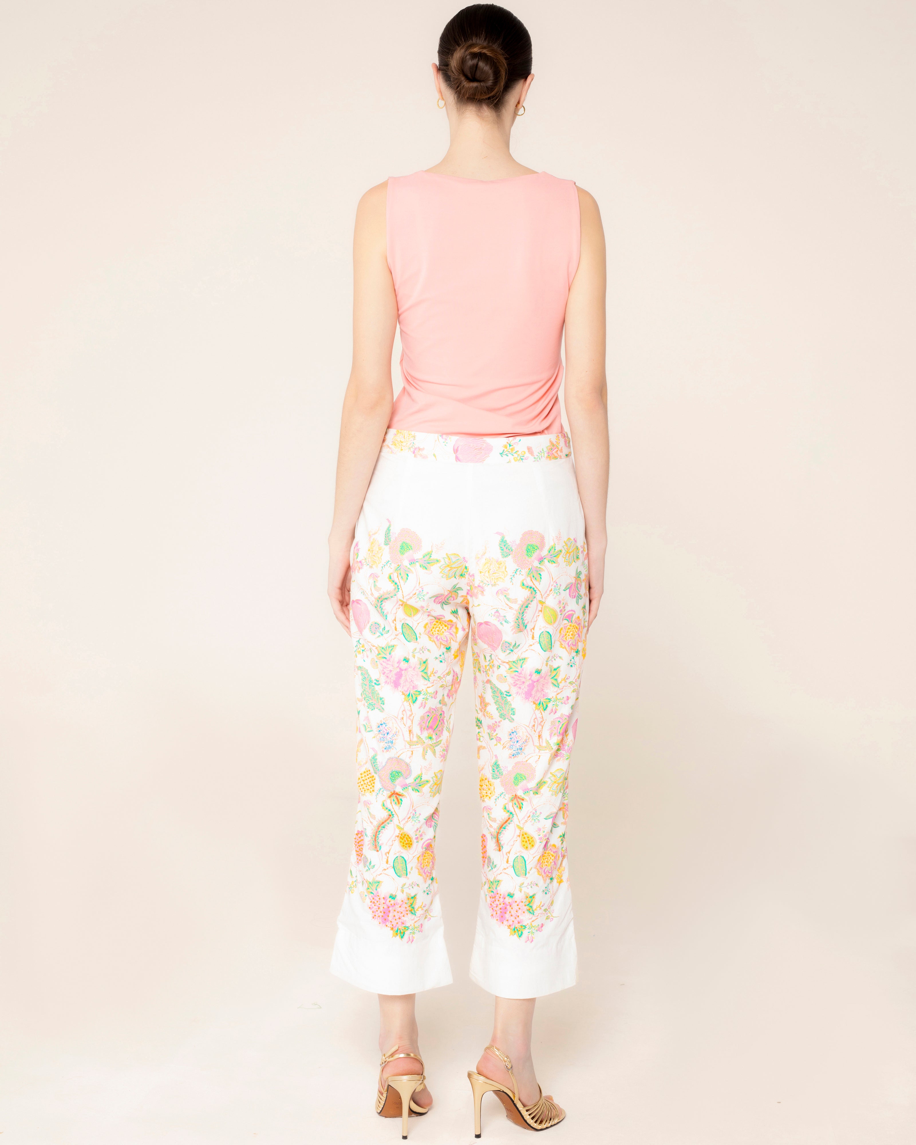 Calças À Boca de Sino com Flare Bordado e Estampado Floral Branco-4