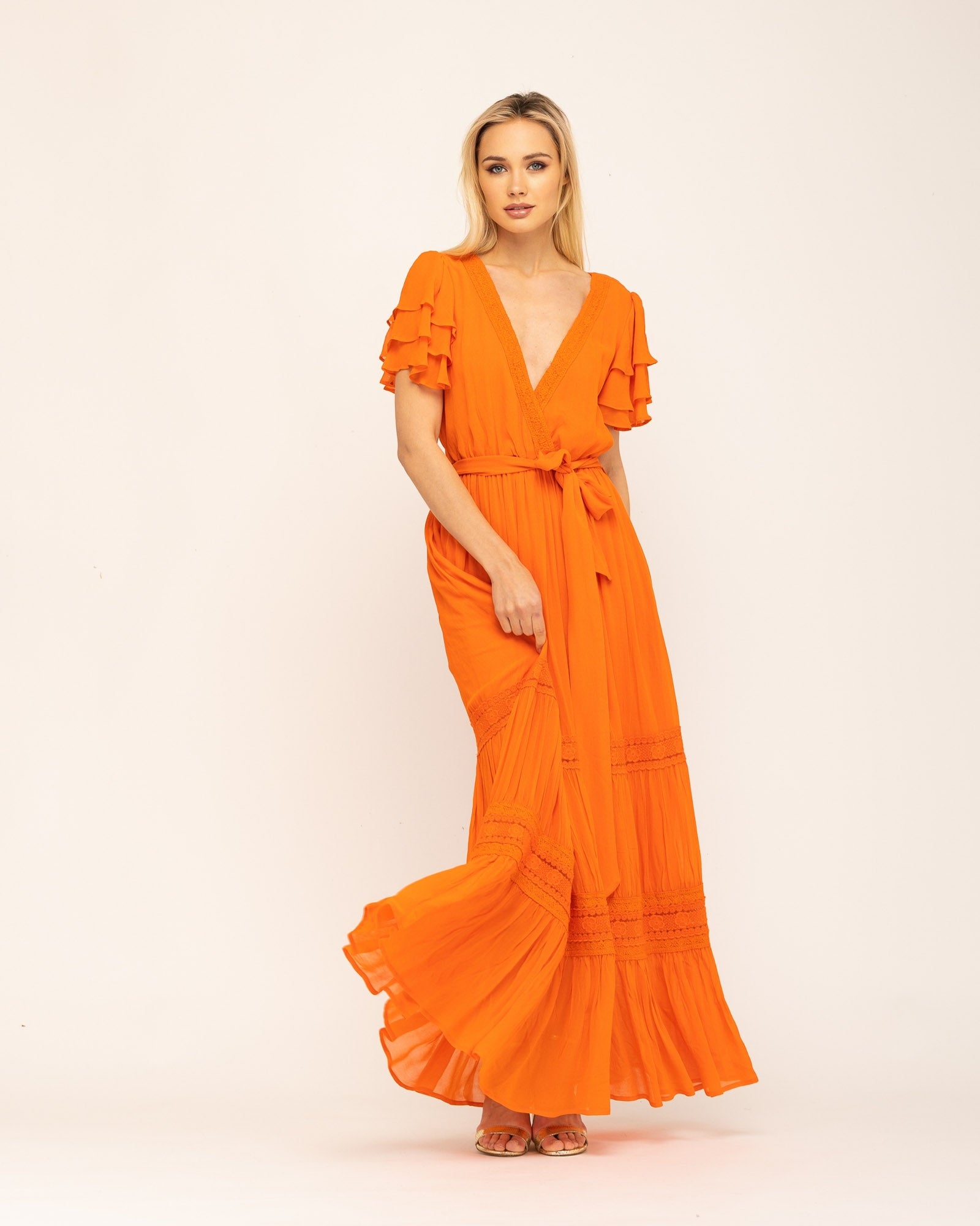 Vestido Comprido Boho de Manga Curta Cannes Laranja-1