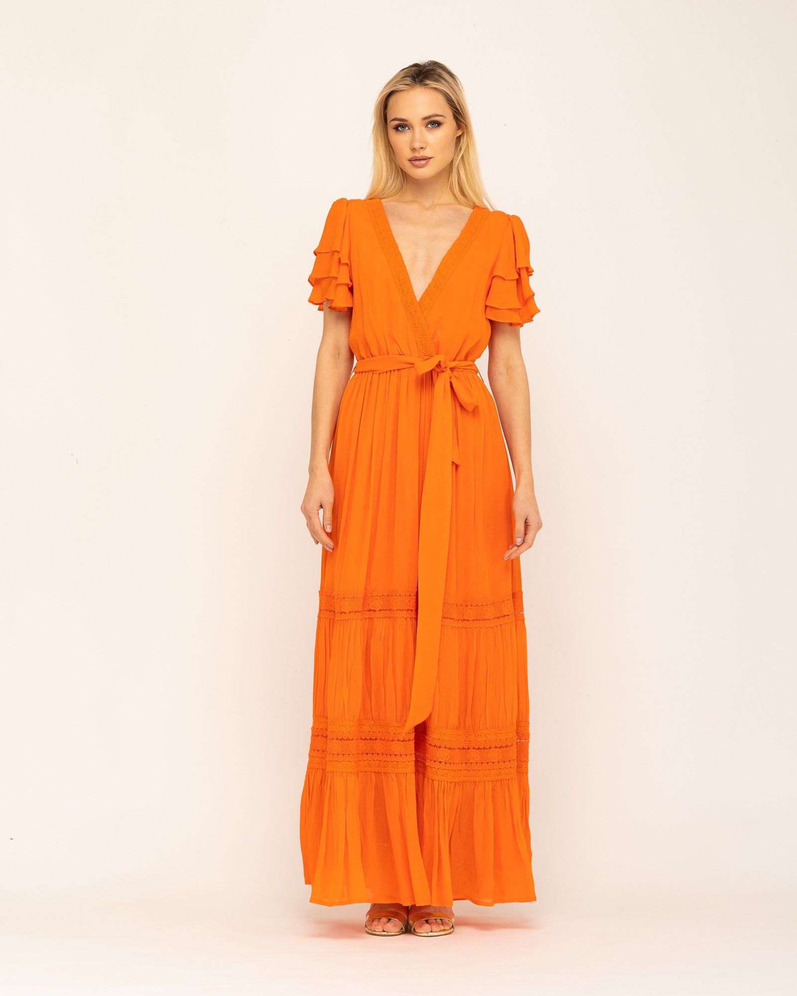 Vestido Comprido Boho de Manga Curta Cannes Laranja-2