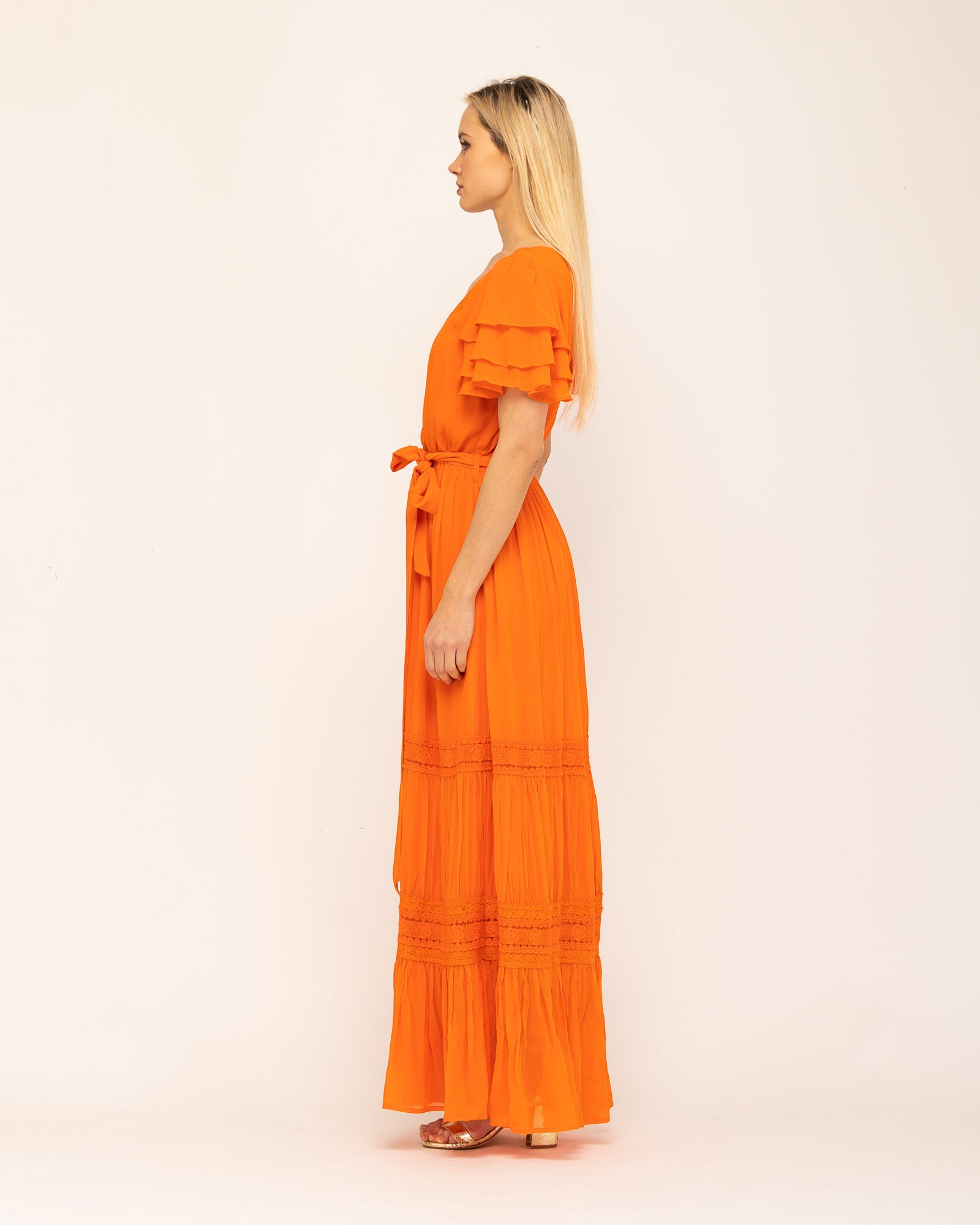 Vestido Comprido Boho de Manga Curta Cannes Laranja-3